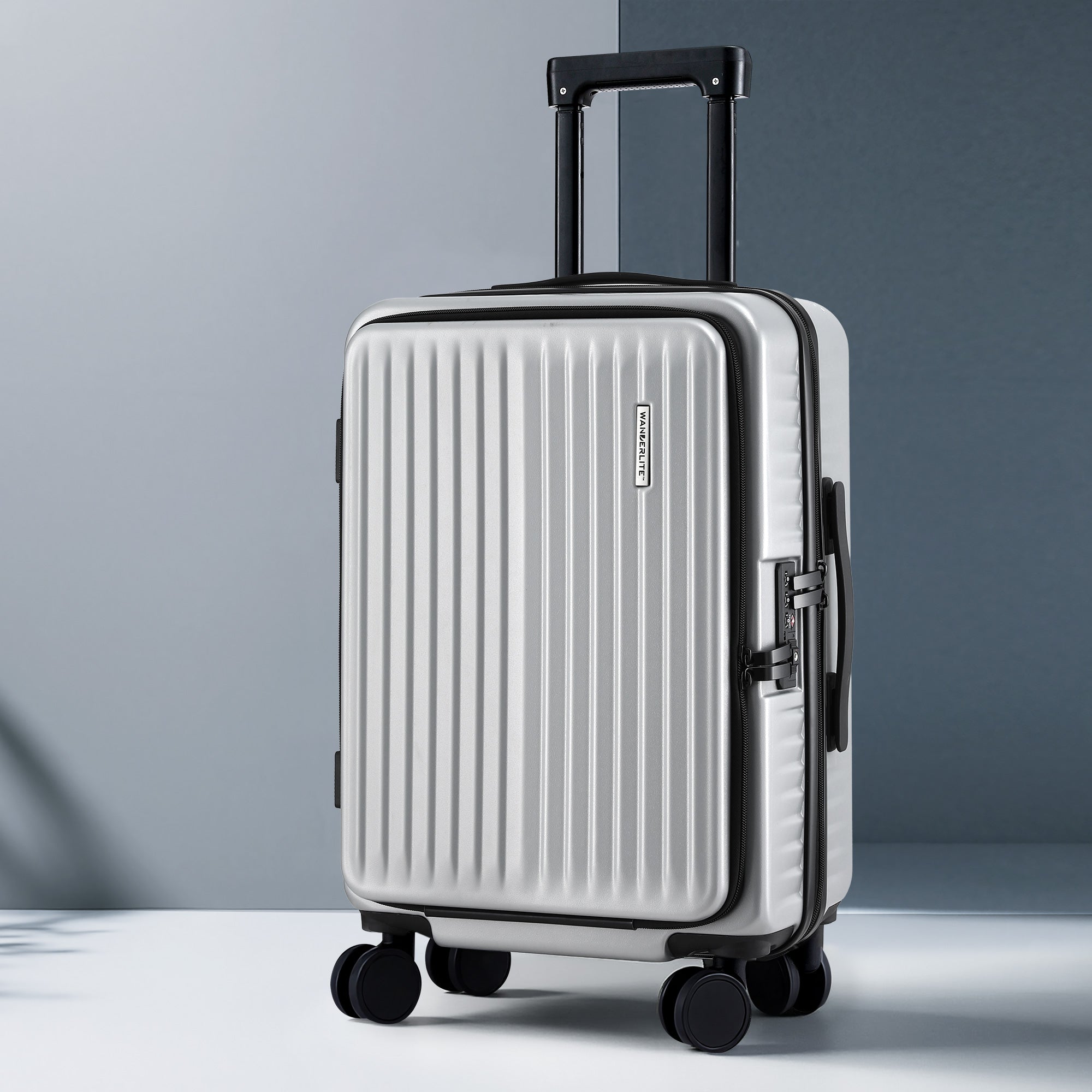 Suitcases: Wanderlite 20" Luggage Suitcase Front Pocket Travel Carry On Dual TSA Silver