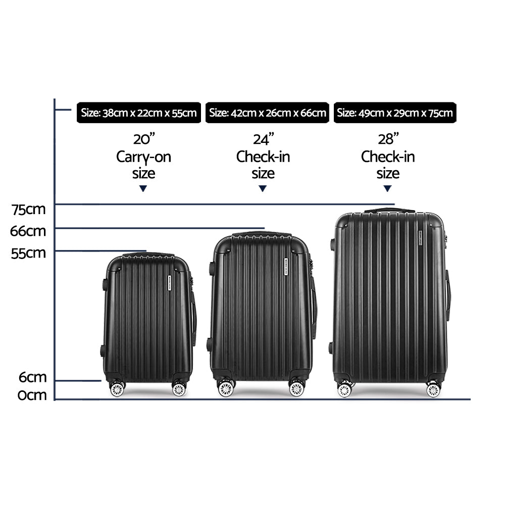 Suitcases: Wanderlite 3 Set Luggage 20-24-28 Inch with TSA Lock Spinner Hard Shell Travel Suitcase Luggage Organiser Case Black