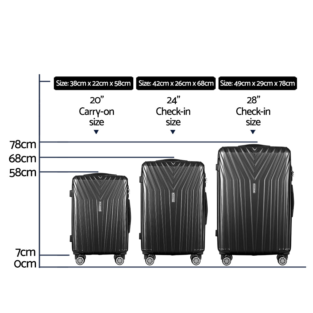 Suitcases: Wanderlite 3 Set Luggage 20-24-28 Inch Suitcase with TSA Lock Carry On Hard Shell Travel Luggage Organiser Case Black