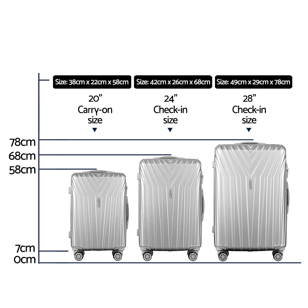 Suitcases: Wanderlite 3 Set Luggage 20-24-28 Inch Suitcase with TSA Lock Carry On Hard Shell Travel Luggage Organiser Case Silver