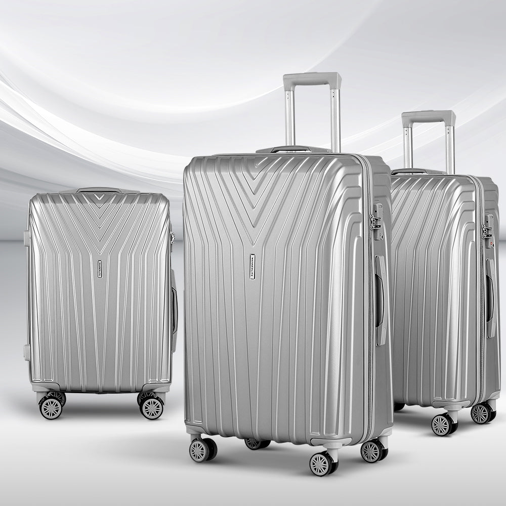 Suitcases: Wanderlite 3 Set Luggage 20-24-28 Inch Suitcase with TSA Lock Carry On Hard Shell Travel Luggage Organiser Case Silver