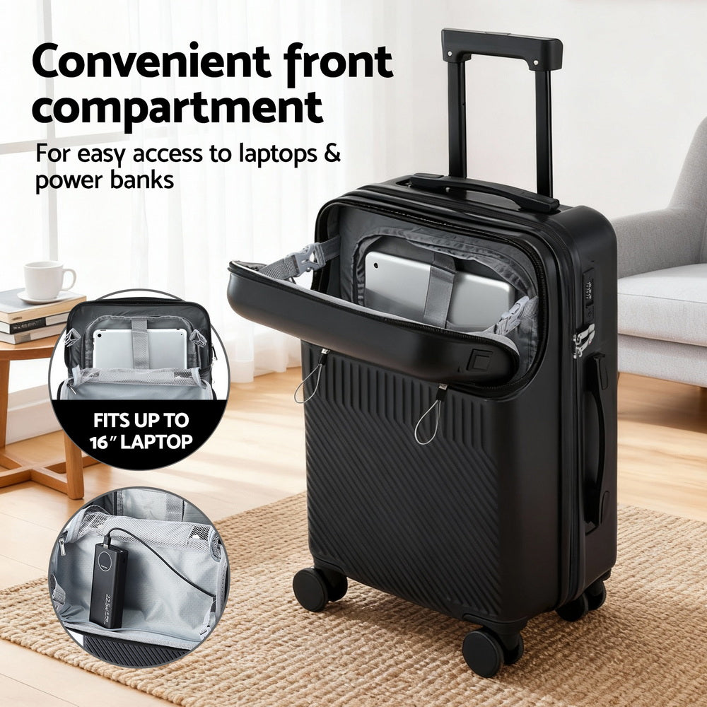 Suitcases: Wanderlite 20" Luggage Suitcase Front Pocket Travel Carry On TSA Black
