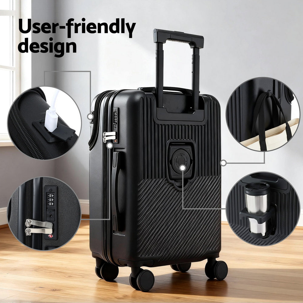 Suitcases: Wanderlite 20" Luggage Suitcase Front Pocket Travel Carry On TSA Black