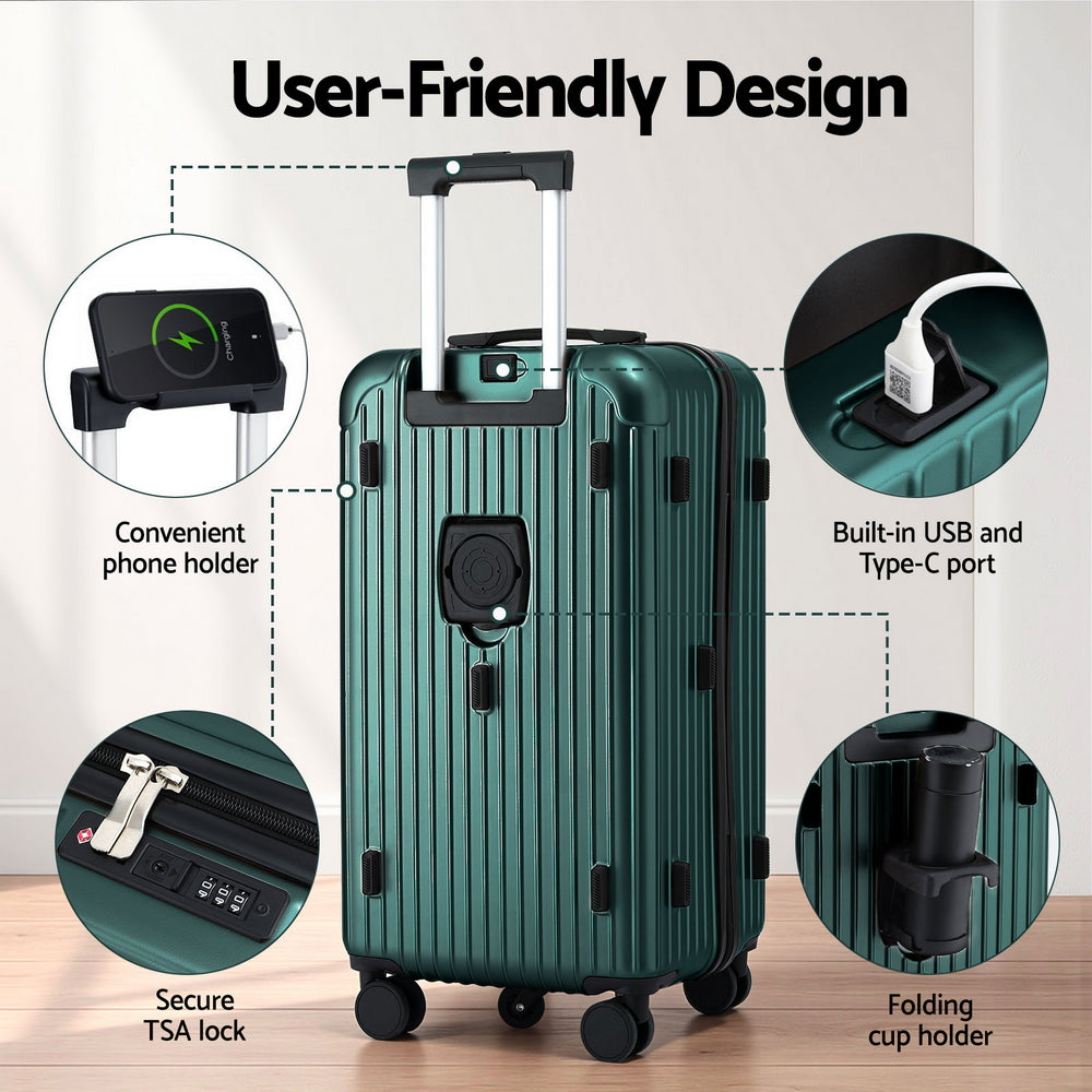 Safes & Lock Boxes: Wanderlite 28" Trunk Luggage Suitcase Travel 5 Wheels Type-C Port TSA Green