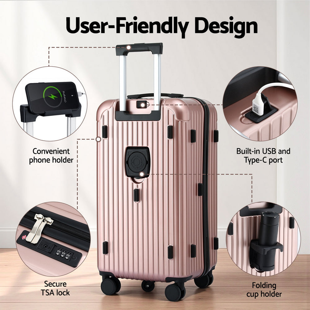 Safes & Lock Boxes: Wanderlite 28" Trunk Luggage Suitcase Travel 5 Wheels Type-C Port TSA Rose Gold