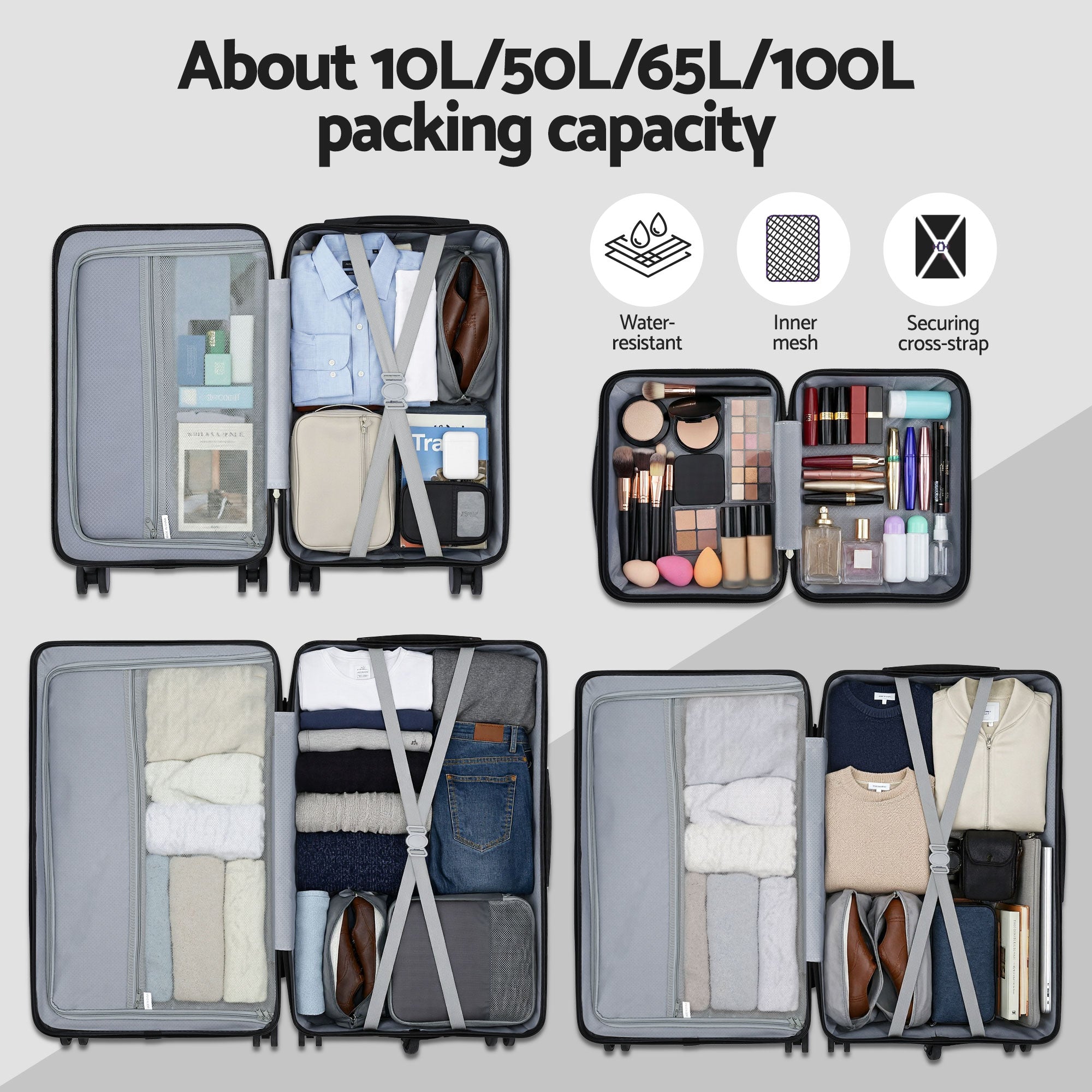 Suitcases: Wanderlite 4pcs Trunk Luggage Suitcase Set Travel Carry On TSA Lock Black