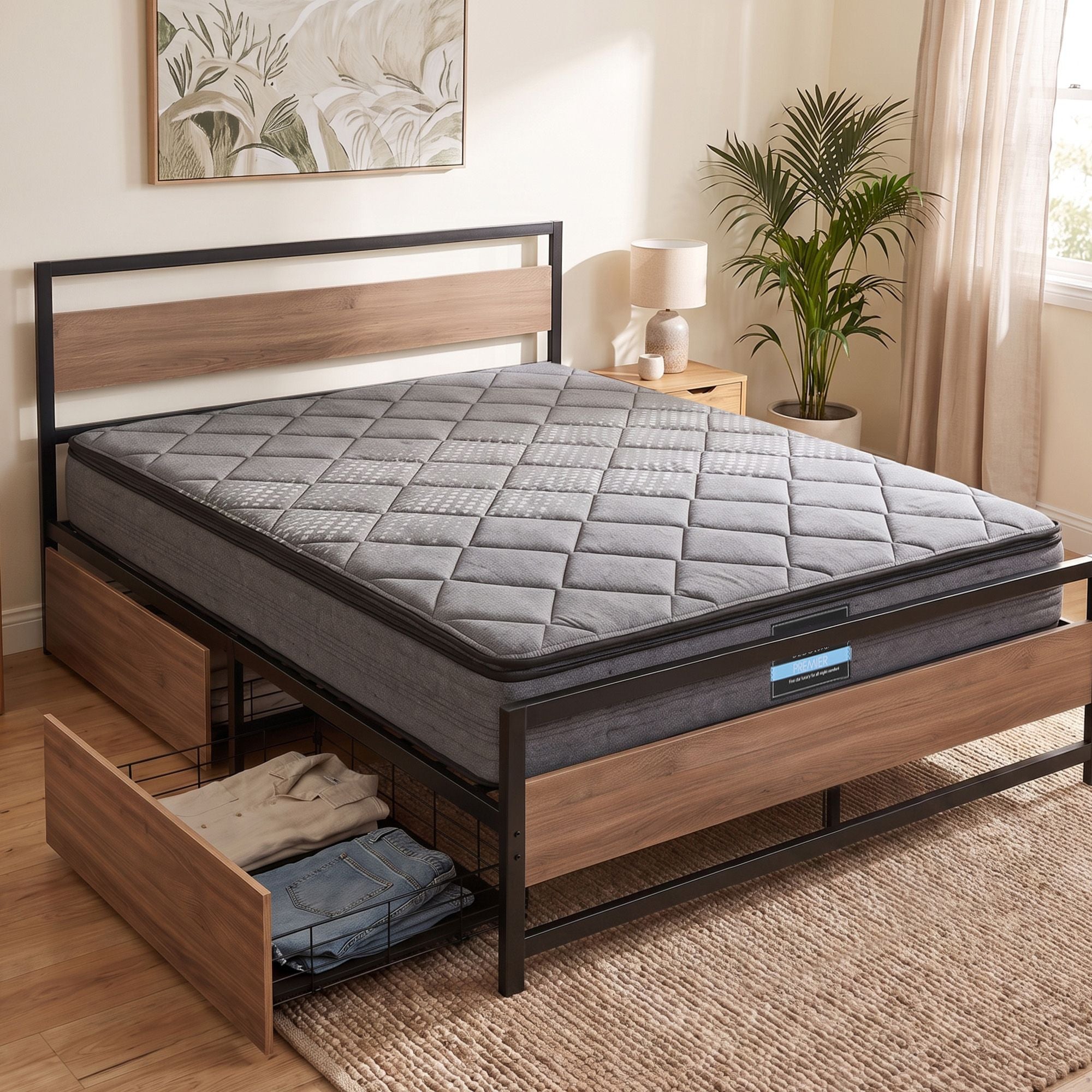 Giselle 18cm Queen Mattress Pillowtop and Artiss Metal Bed Frame Set With 2 drawers