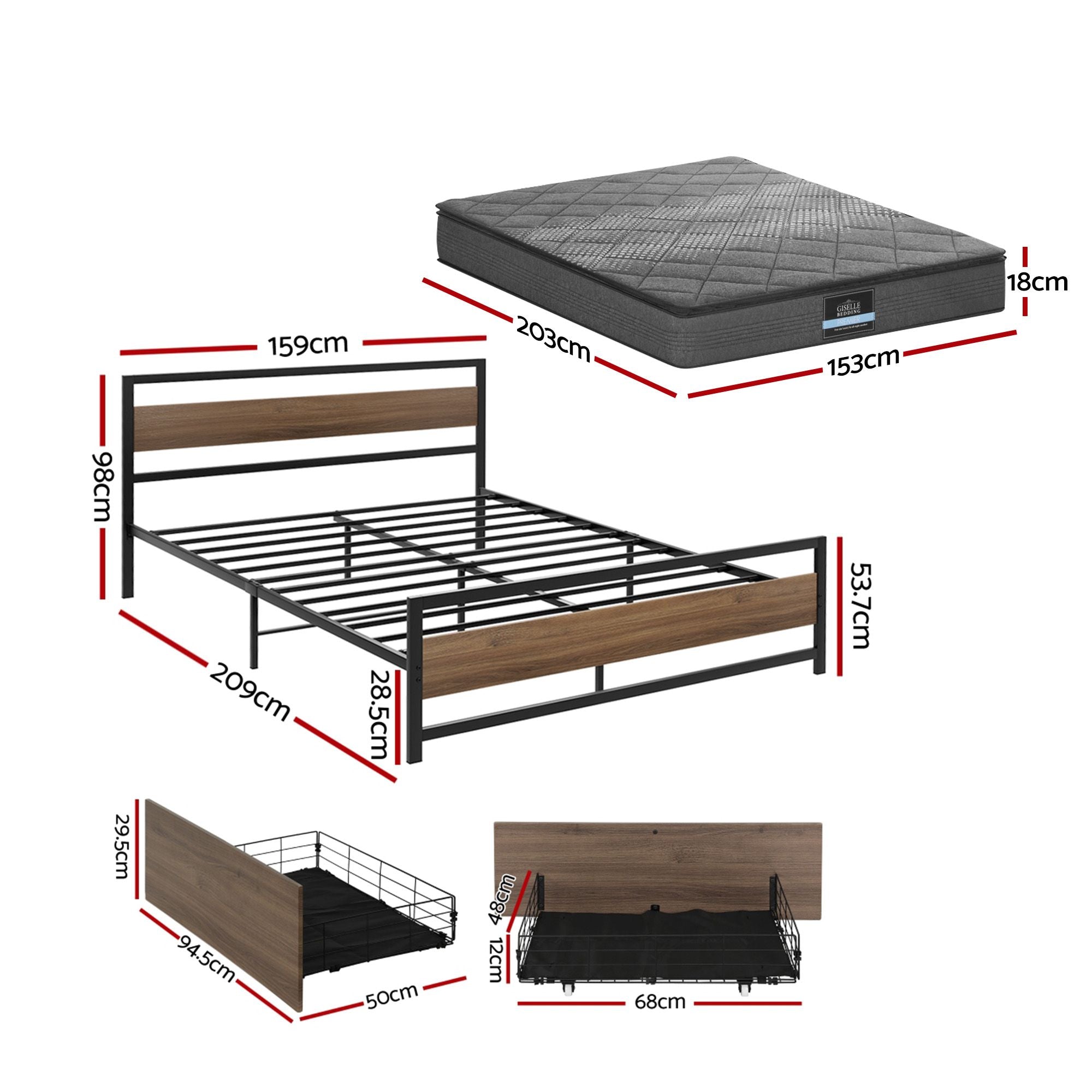 Giselle 18cm Queen Mattress Pillowtop and Artiss Metal Bed Frame Set With 2 drawers