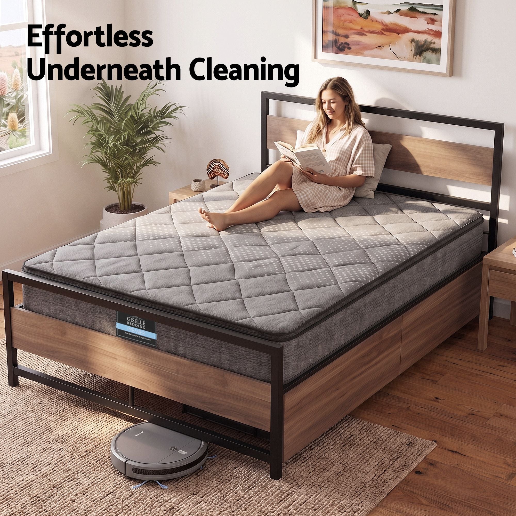 Giselle 18cm Queen Mattress Pillowtop and Artiss Metal Bed Frame Set With 2 drawers