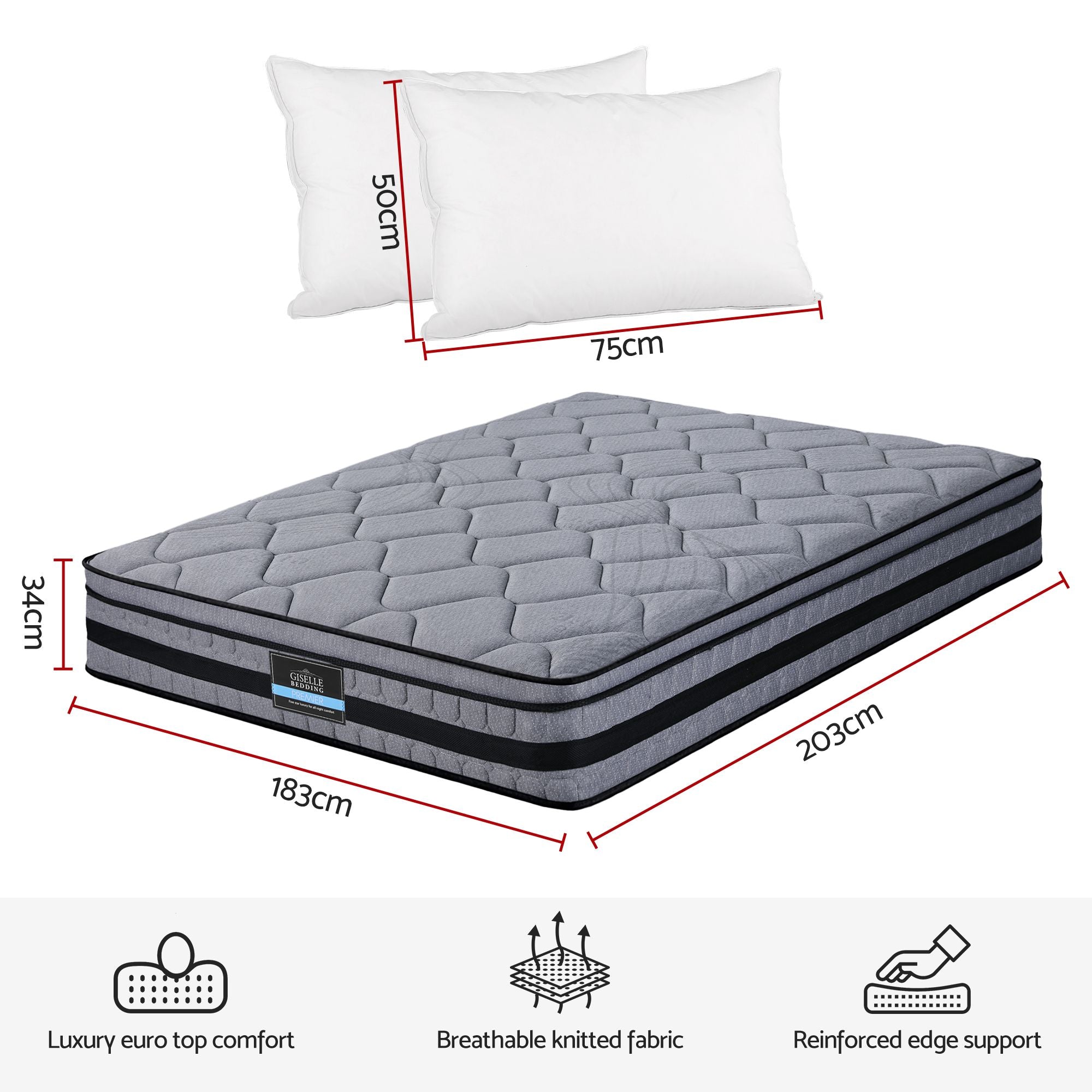 Giselle King 34cm Euro Top Pocket Spring Mattress with 2 Feather Down Pillows Set