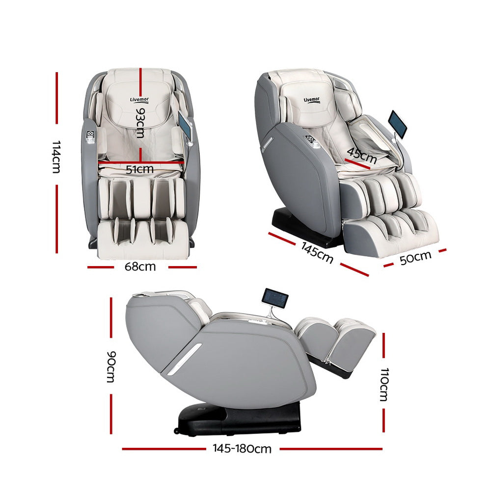 Livemor 4D Massage Chair Recliner - Full Body SL-Track Zero Gravity with AI Body Scan, Deep Tissue Electric Massager with Heat, 12 Auto Programs, LCD Touchscreen & Bluetooth, Grey