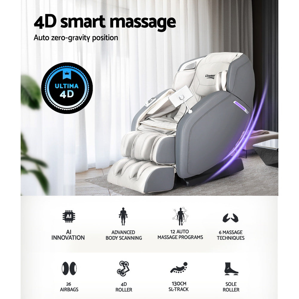 Livemor 4D Massage Chair Recliner - Full Body SL-Track Zero Gravity with AI Body Scan, Deep Tissue Electric Massager with Heat, 12 Auto Programs, LCD Touchscreen & Bluetooth, Grey