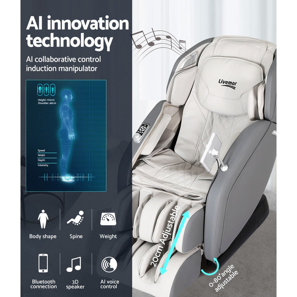 Livemor 4D Massage Chair Recliner - Full Body SL-Track Zero Gravity with AI Body Scan, Deep Tissue Electric Massager with Heat, 12 Auto Programs, LCD Touchscreen & Bluetooth, Grey