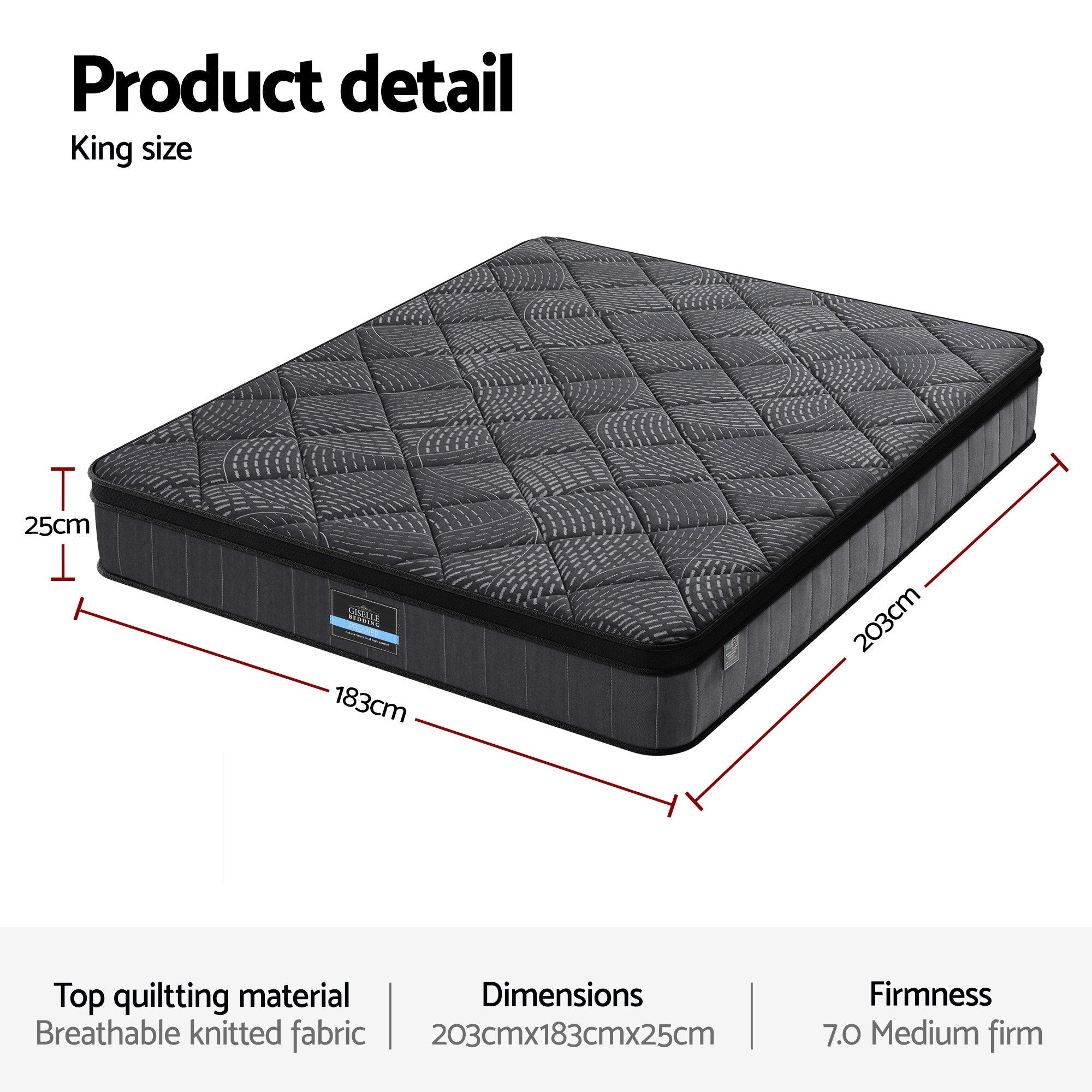 King Size Mattress: Giselle Bedding King Mattress 25cm Pocket Spring Latex Euro Top Medium Firm Bed