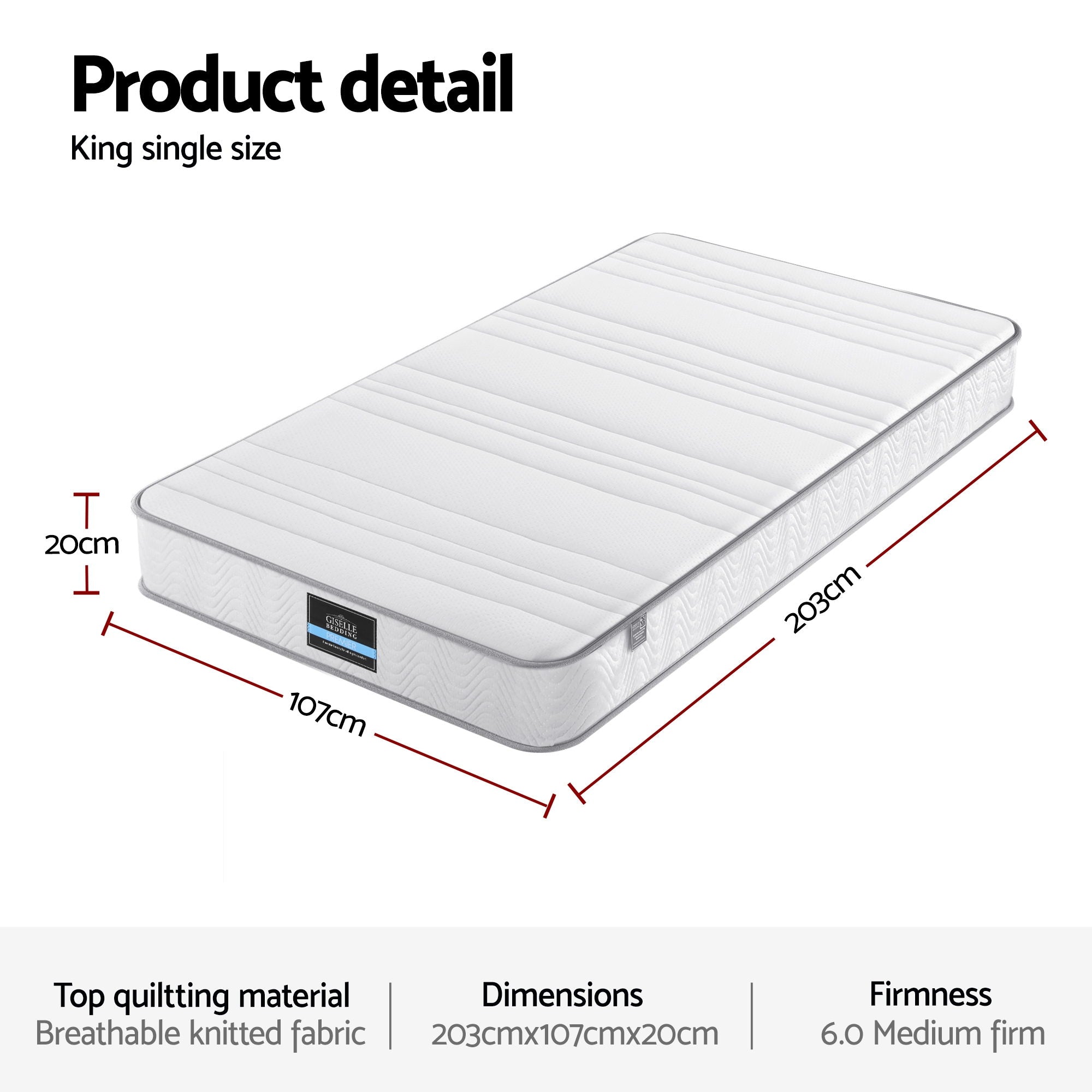 King Single Mattress: Giselle King Single Mattress 20cm with Reinforced Edge Support Egg-Crate Foam