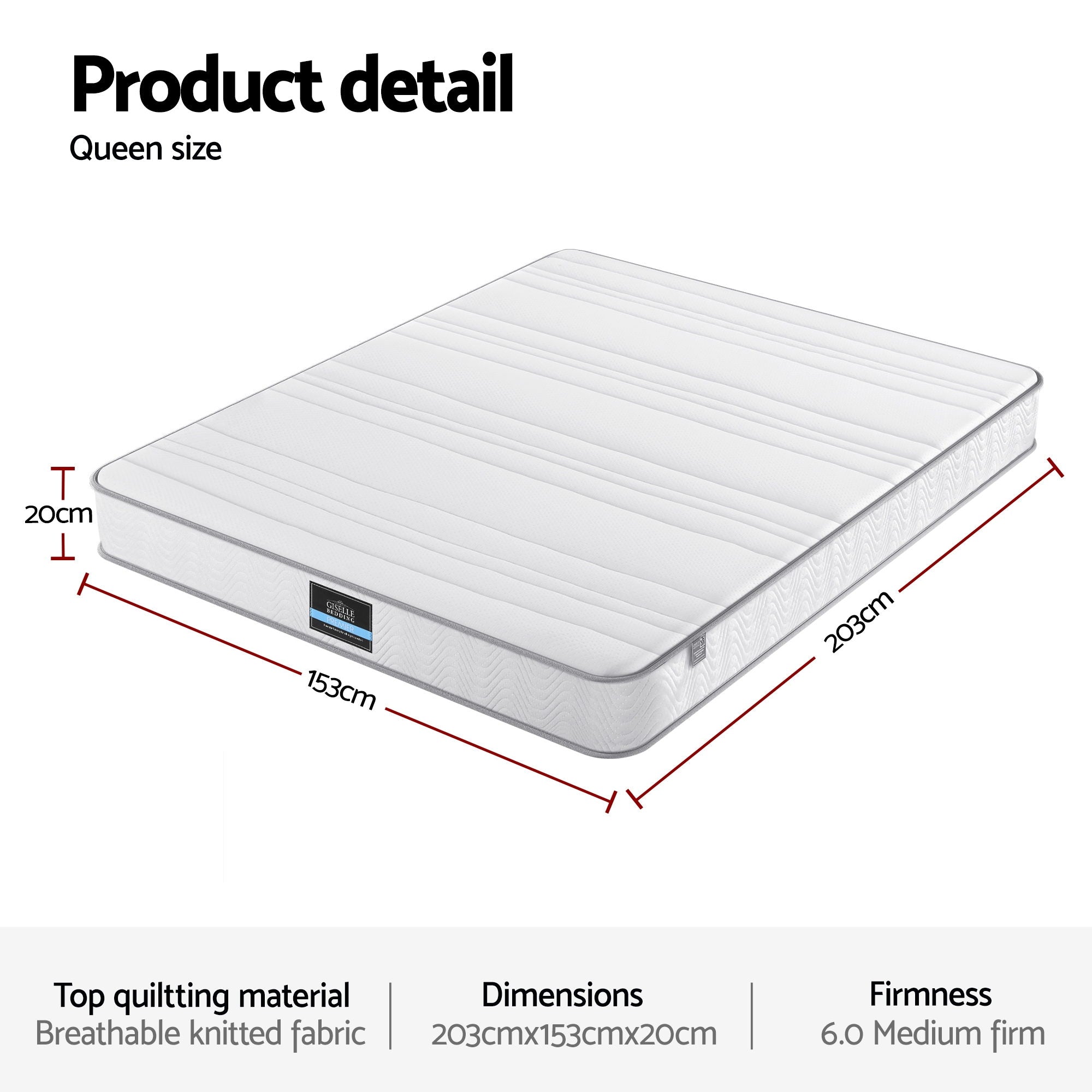 Queen Mattress: Giselle Queen Mattress 20cm with Reinforced Edge Support Egg-Crate Foam