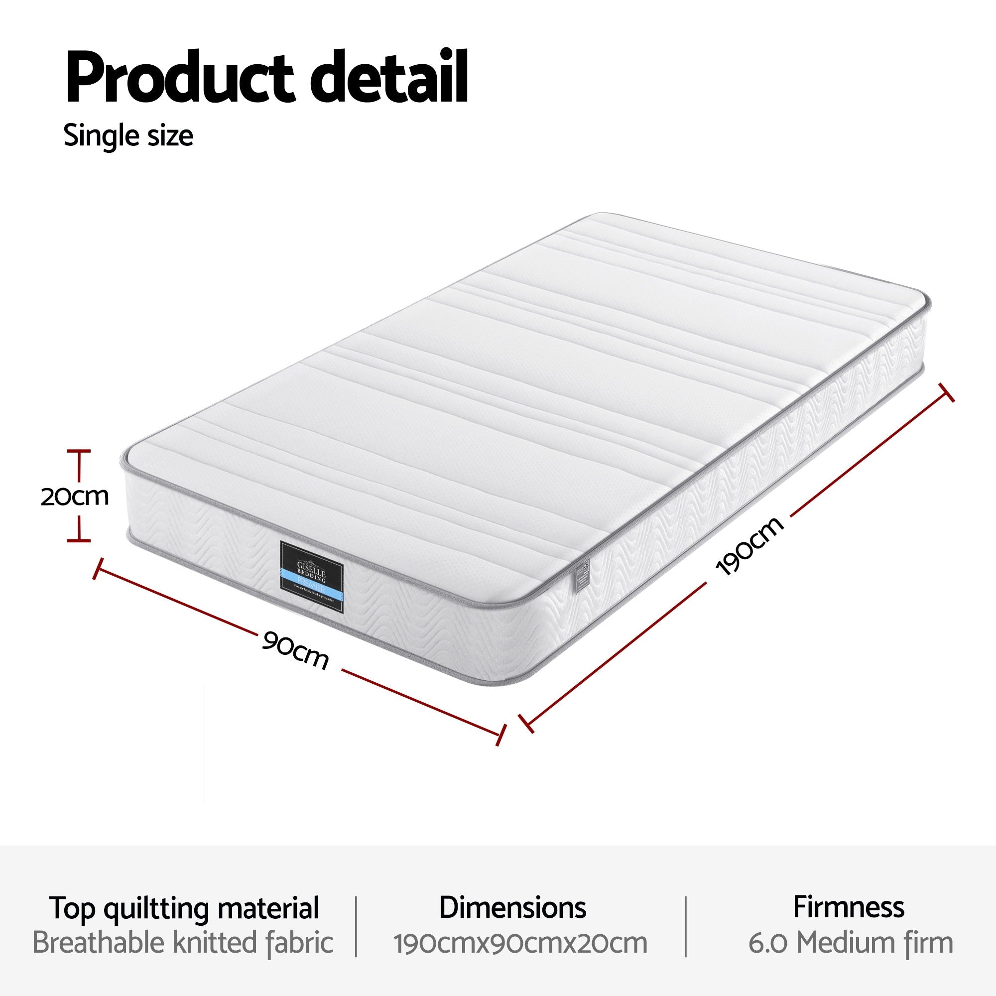 Single Mattress: Giselle Single Mattress 20cm with Reinforced Edge Support Egg-Crate Foam