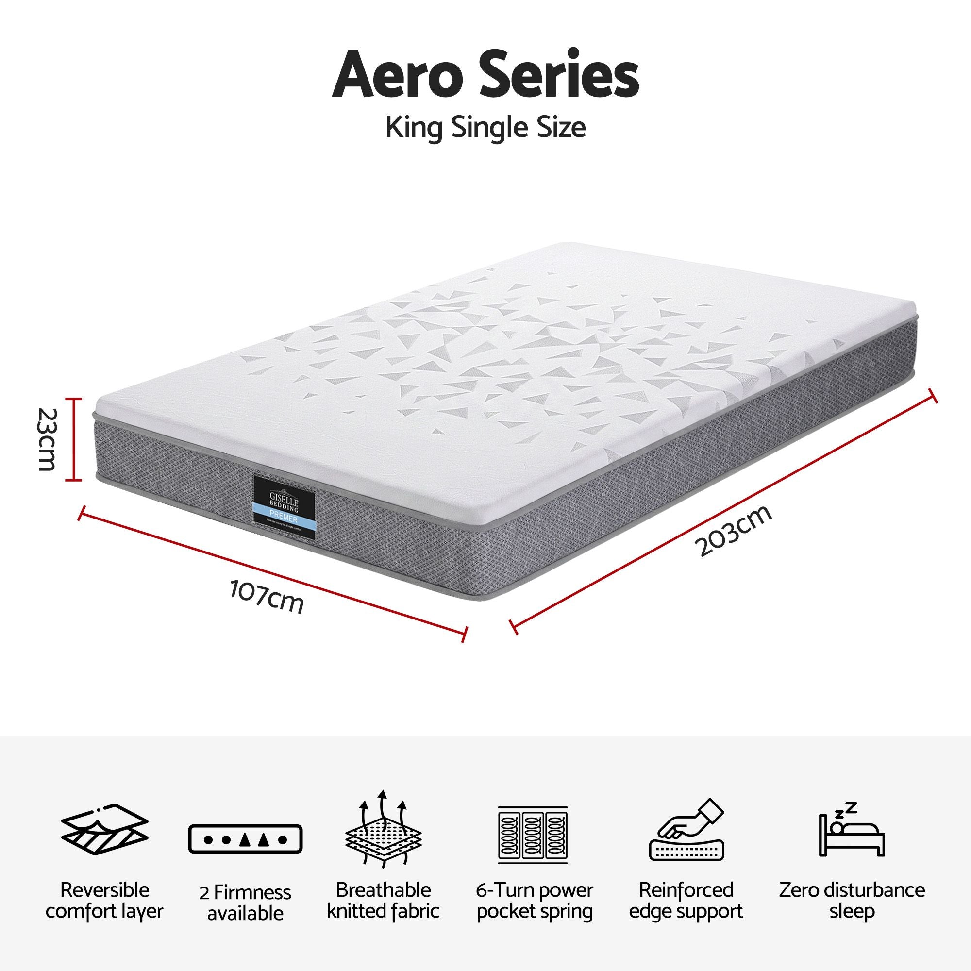 Giselle Bedding King Single Mattress 23cm Pocket Spring Mattress with Adjustable Firmness Reversible Foam Layer for Medium Firm & Firm Support Motion Isolation Bedroom Bed