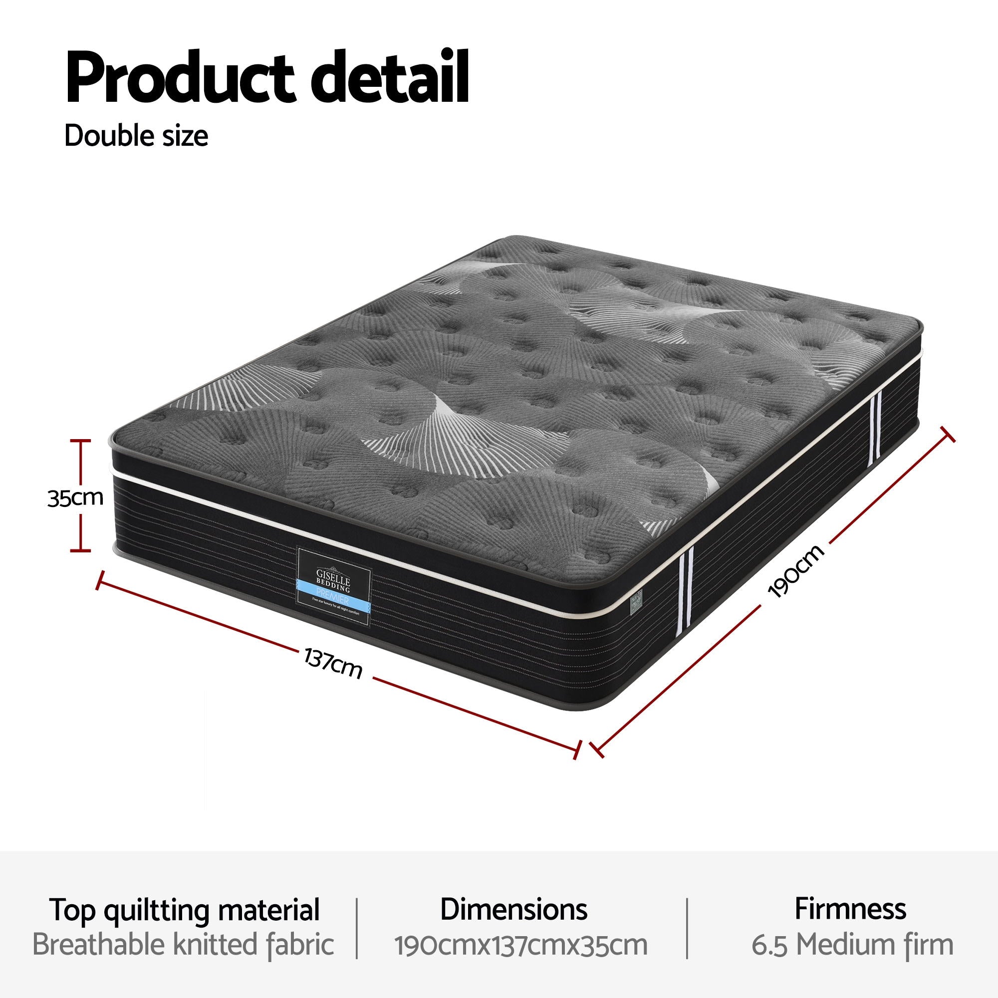 Giselle Bedding Double Mattress 35cm Euro Top with Graphene Cooling Comfort Medium Firm