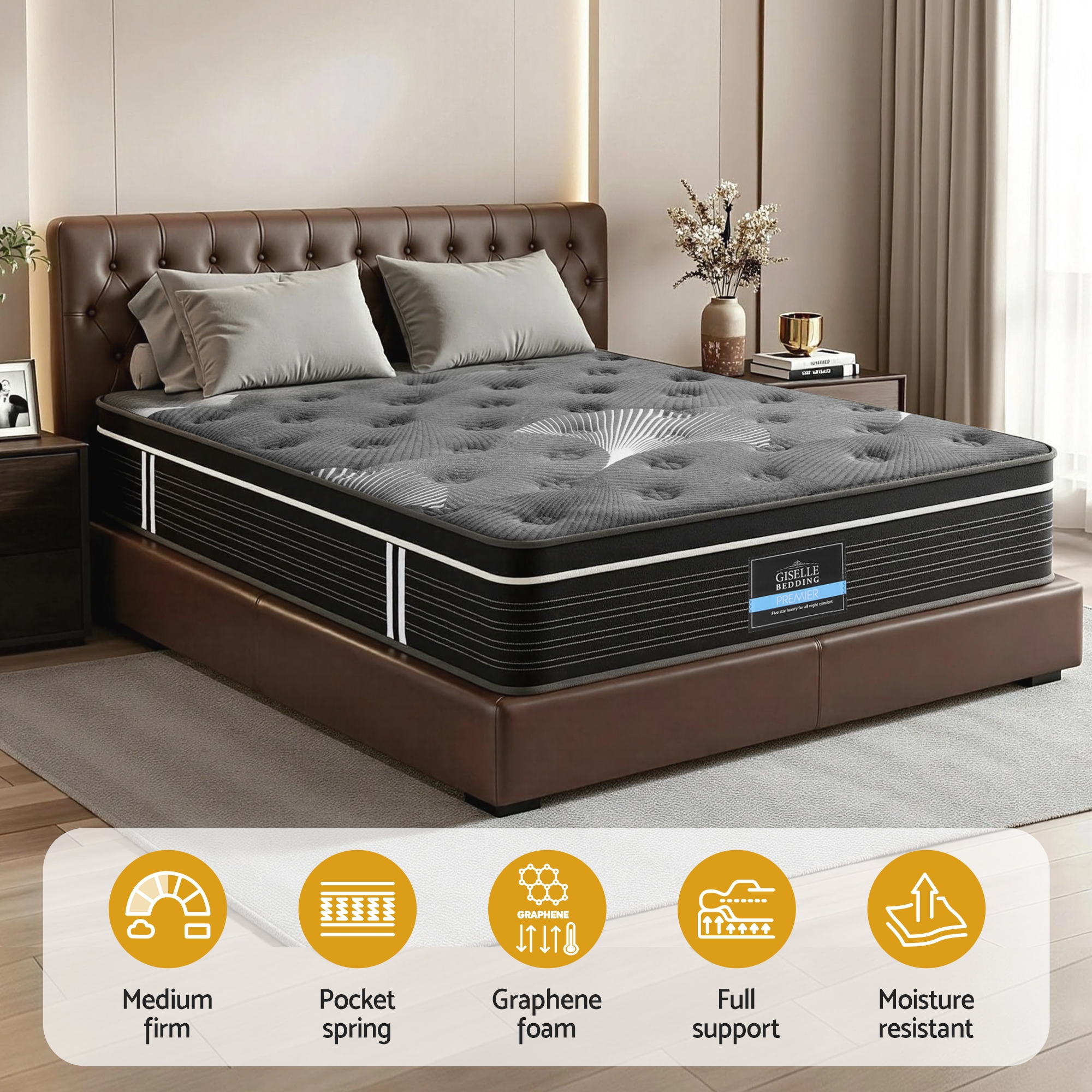 Giselle Bedding Queen Mattress 35cm Euro Top with Graphene Cooling Comfort Medium Firm
