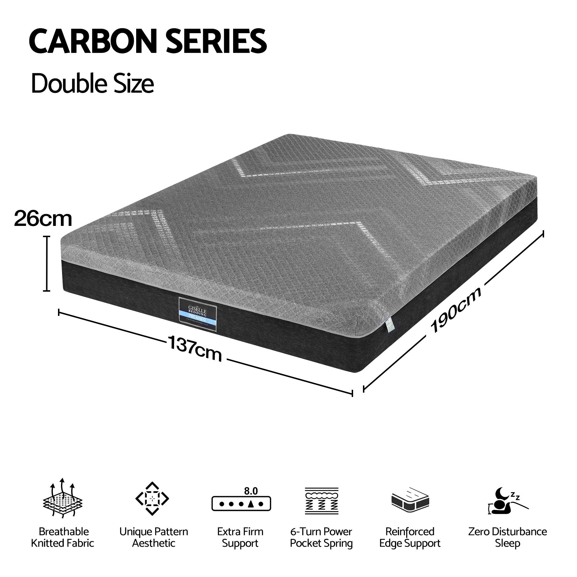 Giselle Double Mattress 26cm Firm Pocket Spring Dual Edge Support Dark Grey