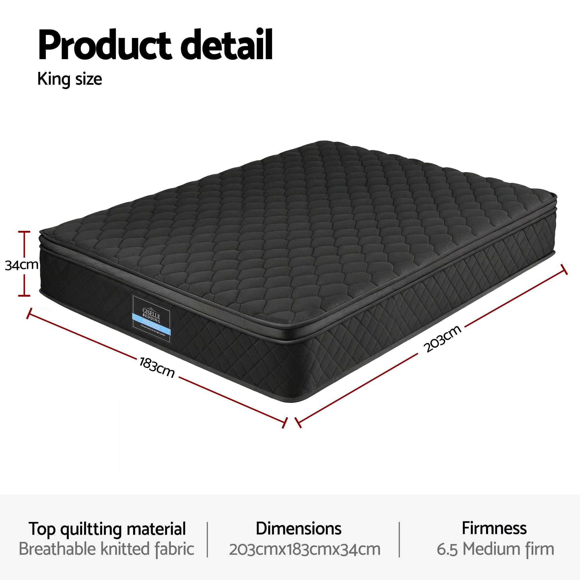 Giselle Bedding King Mattress 34cm Euro Top with 5-Zone Pocket Spring Support Black