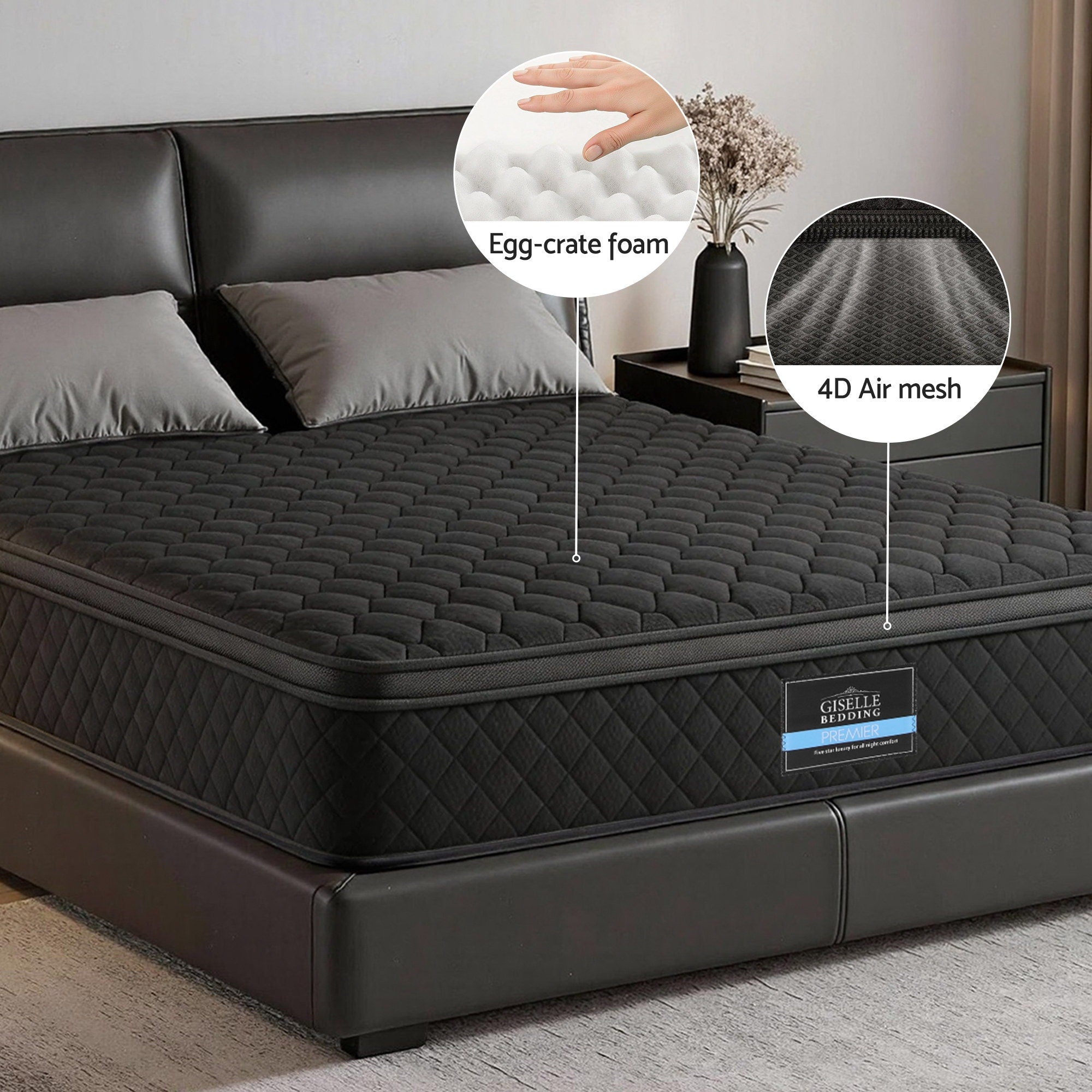 Giselle Bedding King Mattress 34cm Euro Top with 5-Zone Pocket Spring Support Black