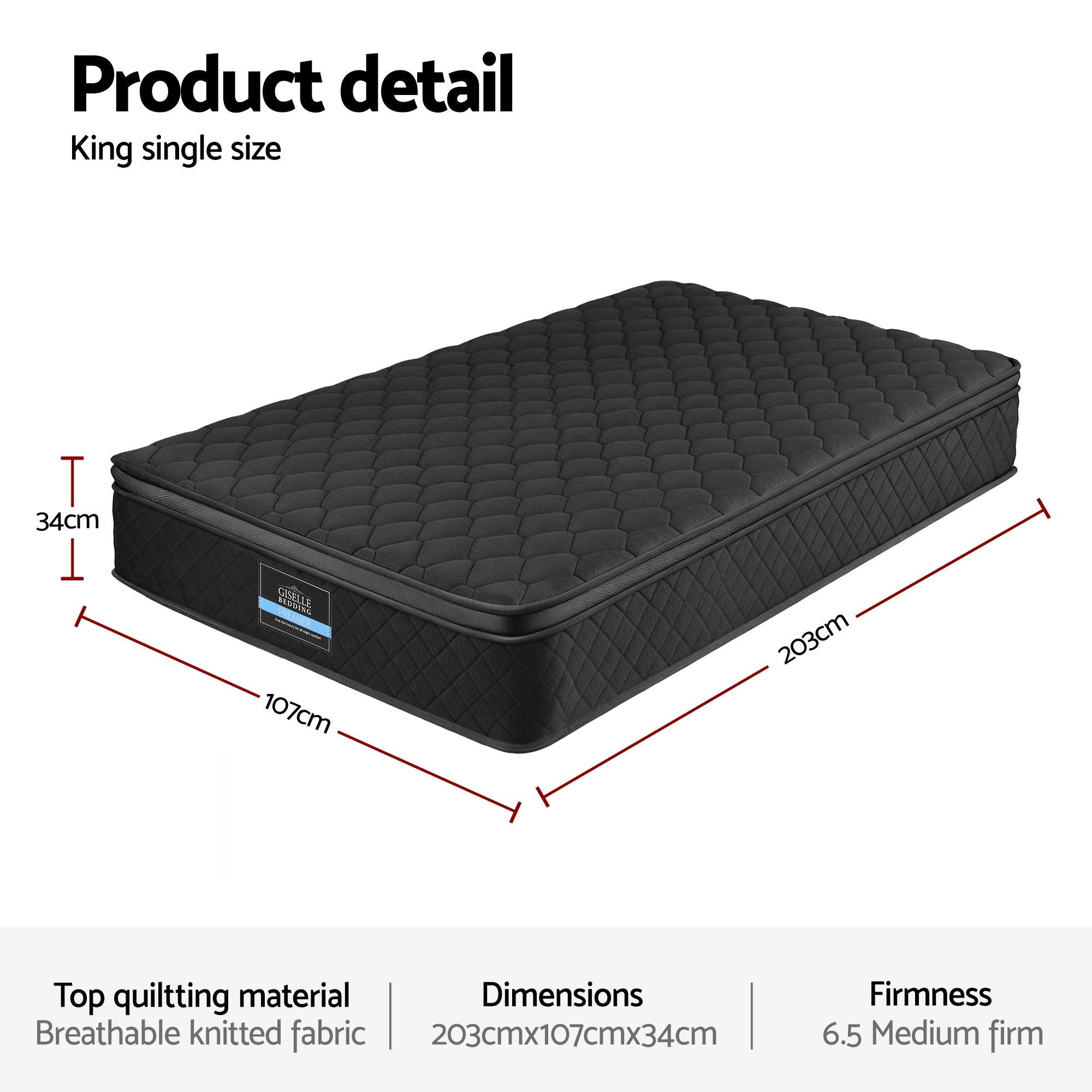 Giselle Bedding King Single Mattress 34cm Euro Top with 5-Zone Pocket Spring Support Black