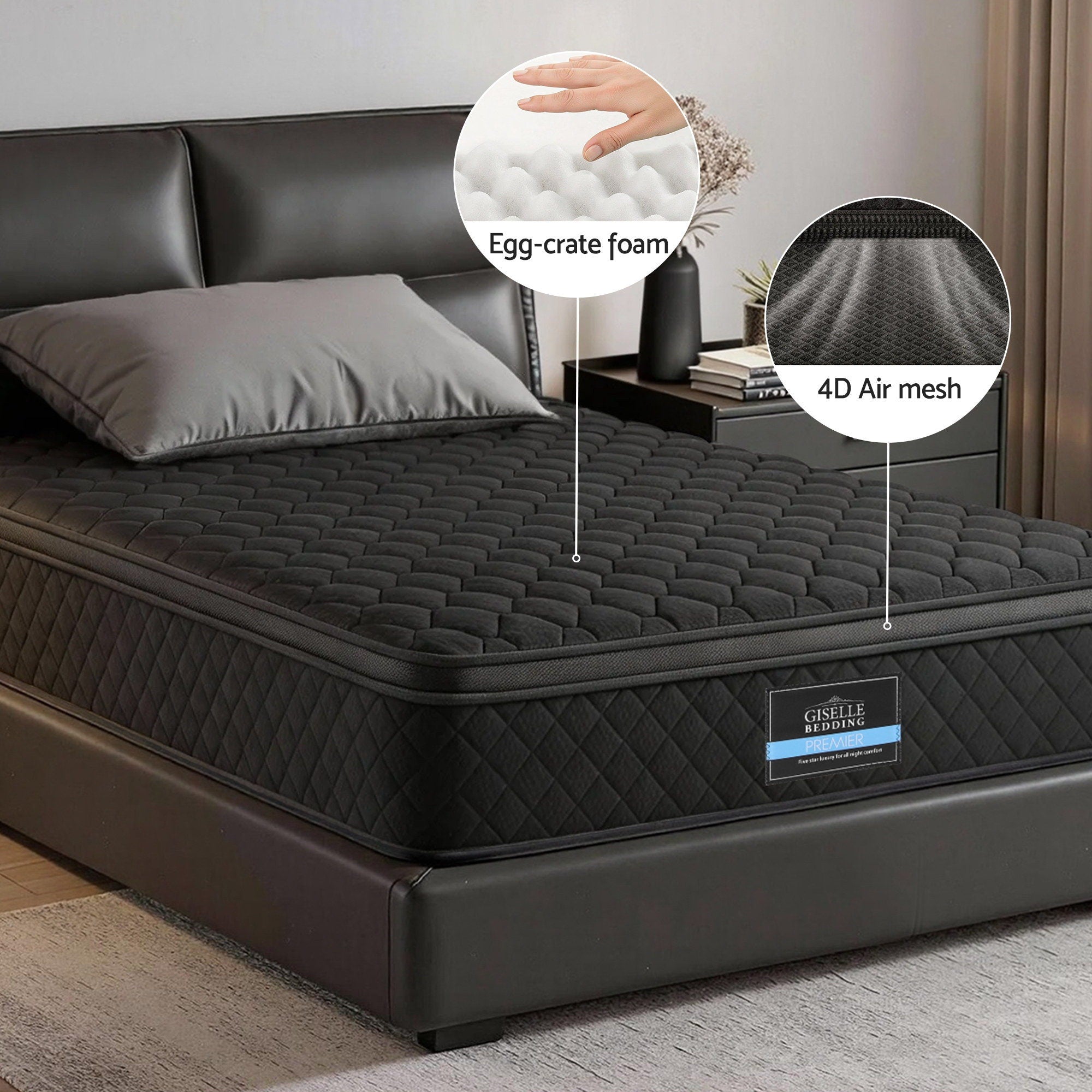 Giselle Bedding King Single Mattress 34cm Euro Top with 5-Zone Pocket Spring Support Black