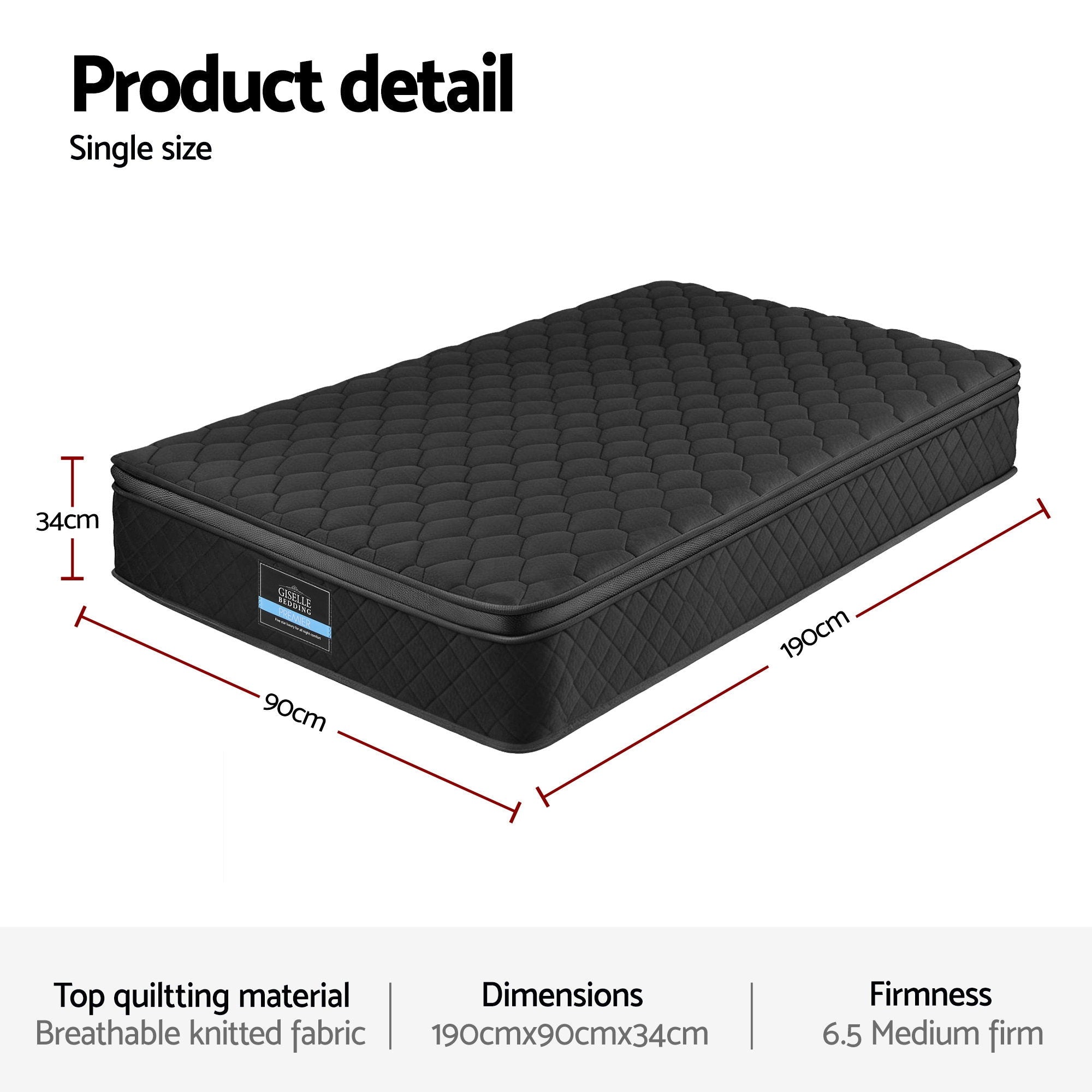 Single Mattress: Giselle Bedding Single Mattress 34cm Euro Top with 5-Zone Pocket Spring Support Black