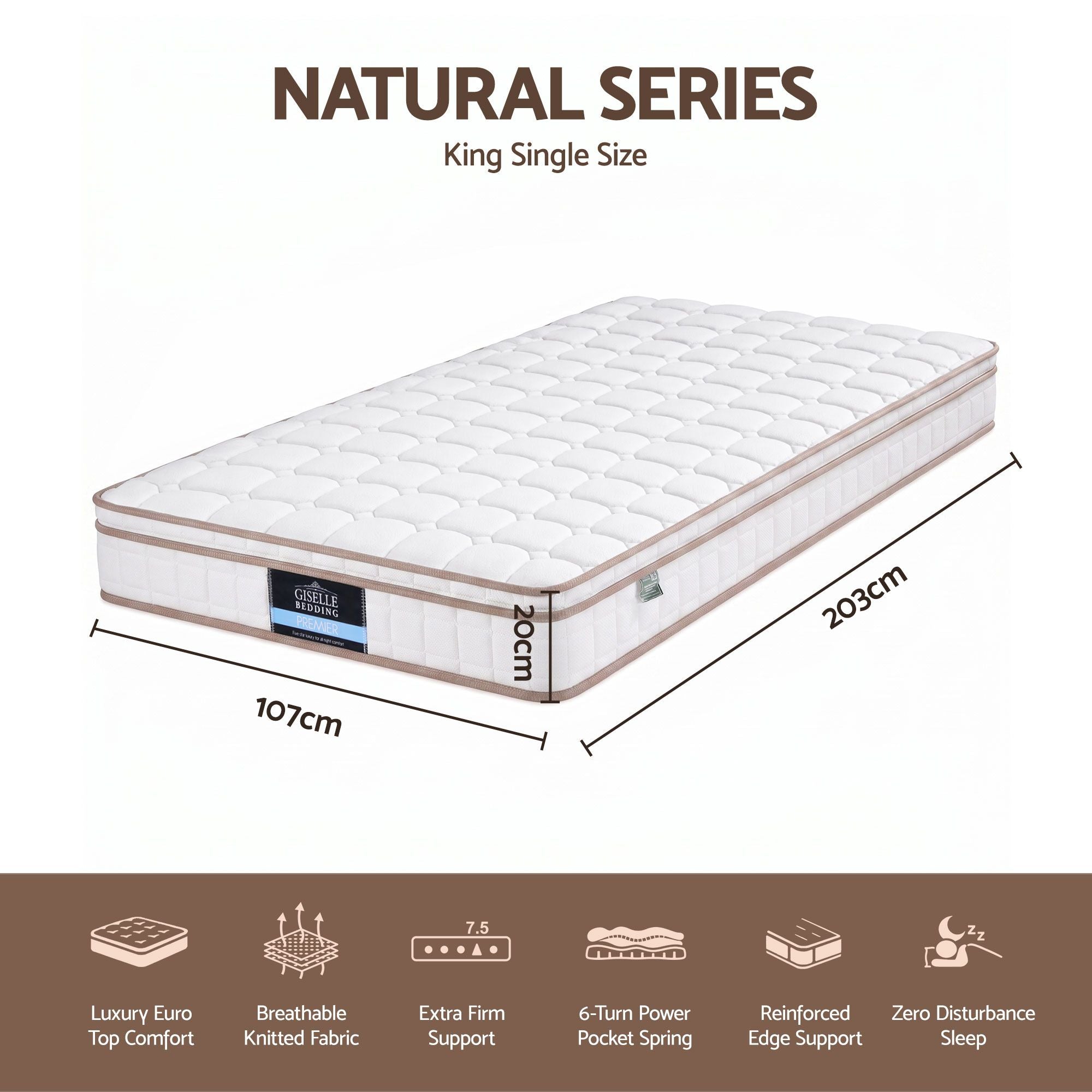 Giselle 20cm Firm King Single Mattress Pocket Spring for Bedroom or Guest Room