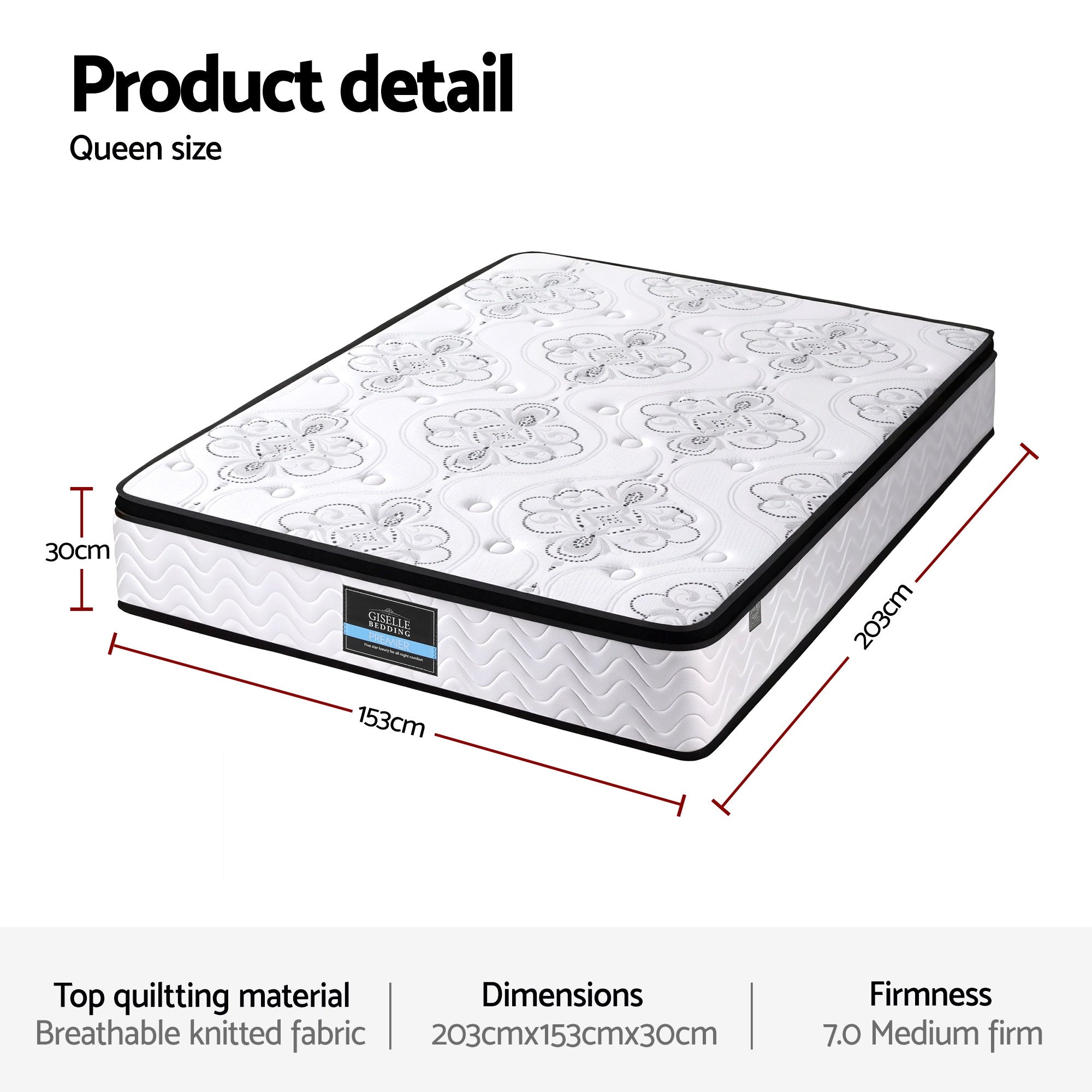 Queen Mattress: Giselle Bedding Queen Mattress 30cm Pocket Spring Euro Top Medium Firm Foam