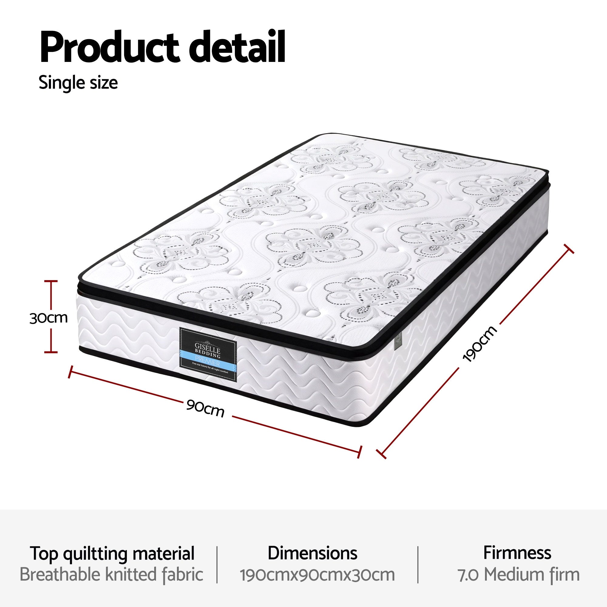 Single Mattress: Giselle Bedding Single Mattress 30cm Pocket Spring Euro Top Medium Firm Foam