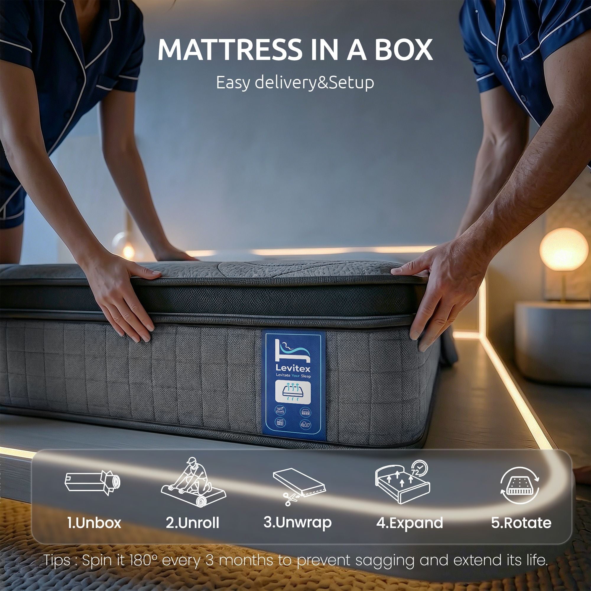 Levitex Double Mattress 33 cm 7-Zone Pocket Spring 8.0 Extra Firm with Dual-Row Edge Support & Breathable Knit Cover