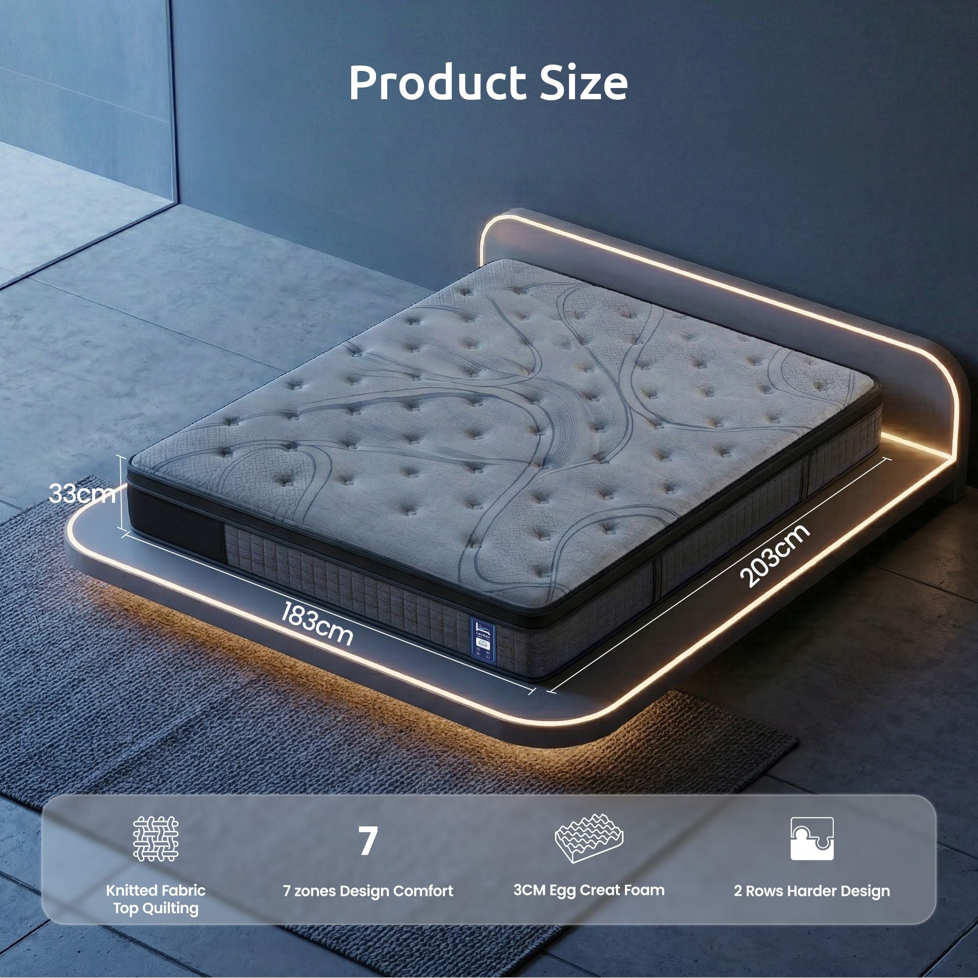 Levitex 33 cm Mattress 8.0 Extra Firm 7-Zone Pocket Spring Mattress with Dual-Row Edge Support & Breathable Knit Cover King