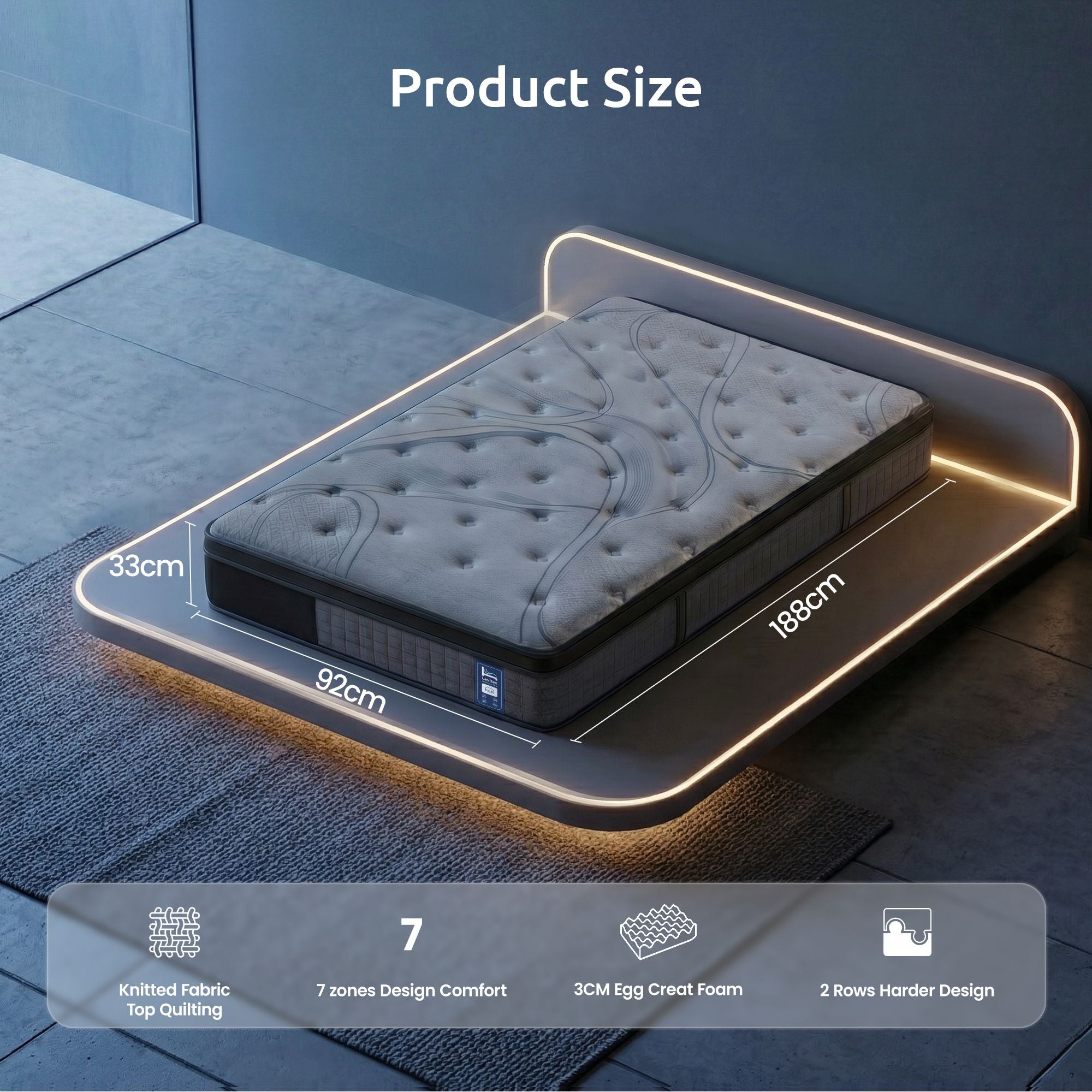 Levitex Single Mattress 33 cm 7-Zone Pocket Spring 8.0 Extra Firm with Dual-Row Edge Support & Breathable Knit Cover