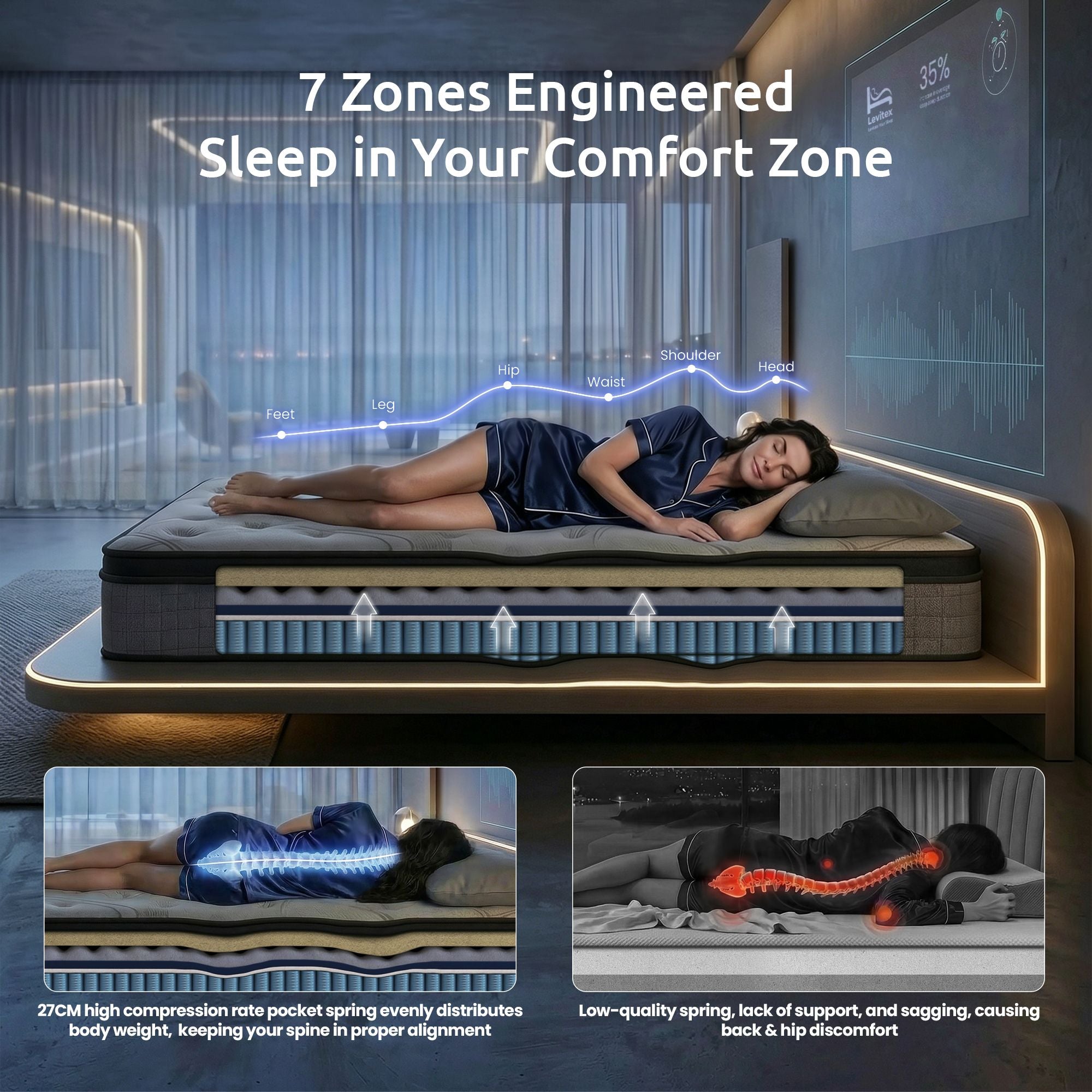 Levitex Single Mattress 33 cm 7-Zone Pocket Spring 8.0 Extra Firm with Dual-Row Edge Support & Breathable Knit Cover