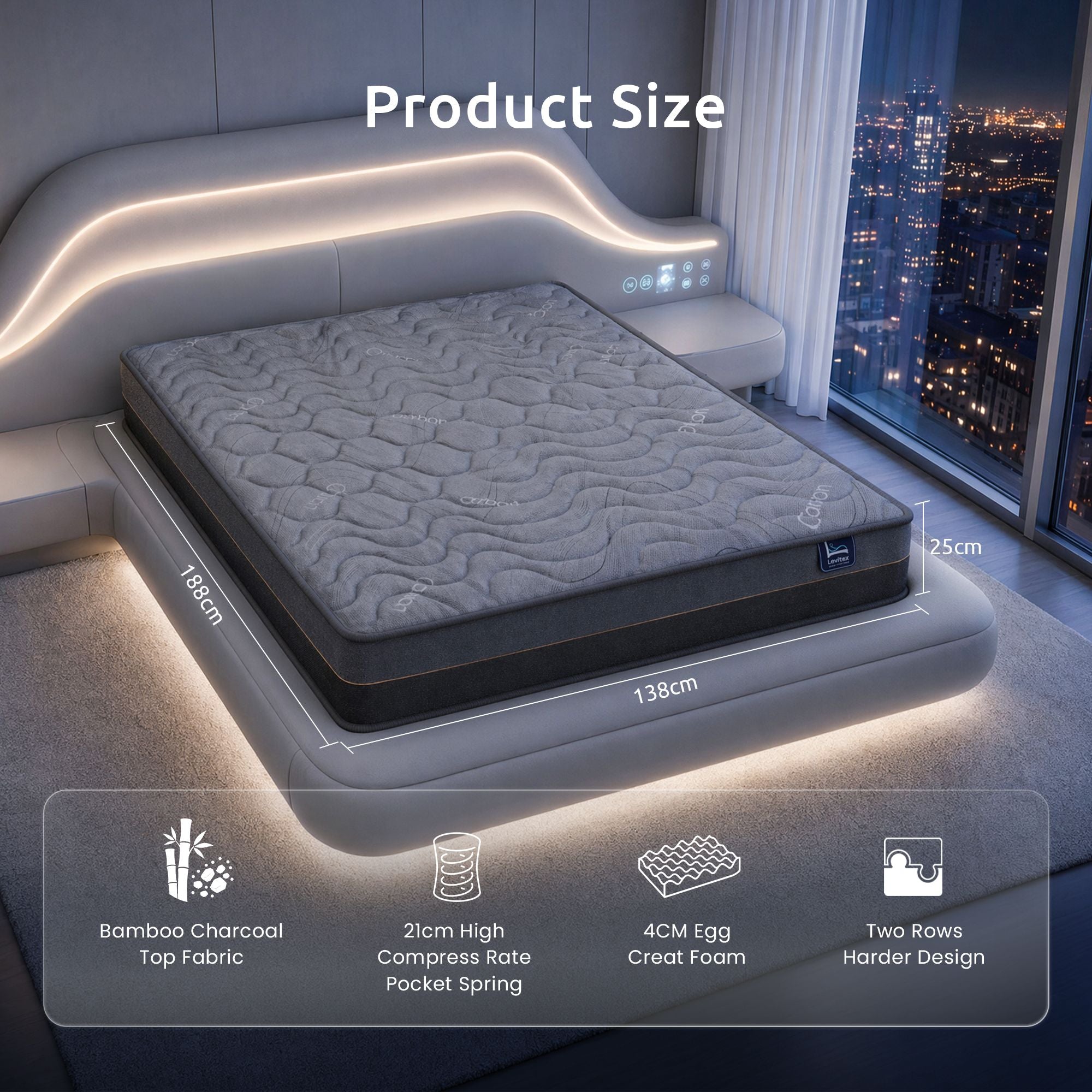 Levitex 25 cm Hybrid Pocket Spring Mattress Firm with 4cm Egg Crate Foam for Deep Sleep Bamboo Charcoal Fabric Double