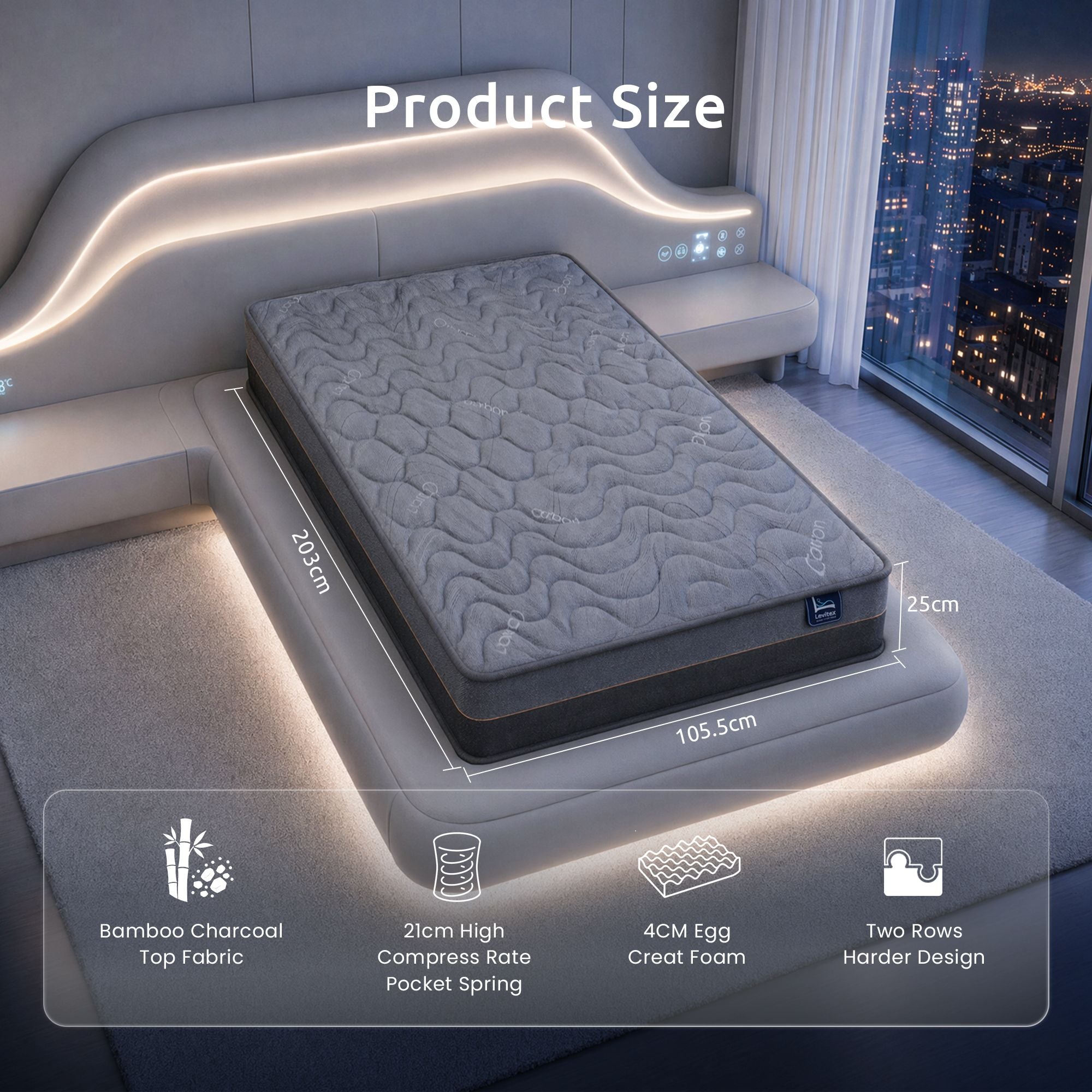 Levitex 25 cm Hybrid Pocket Spring Mattress Firm with 4cm Egg Crate Foam for Deep Sleep Bamboo Charcoal Fabric ‌King Single