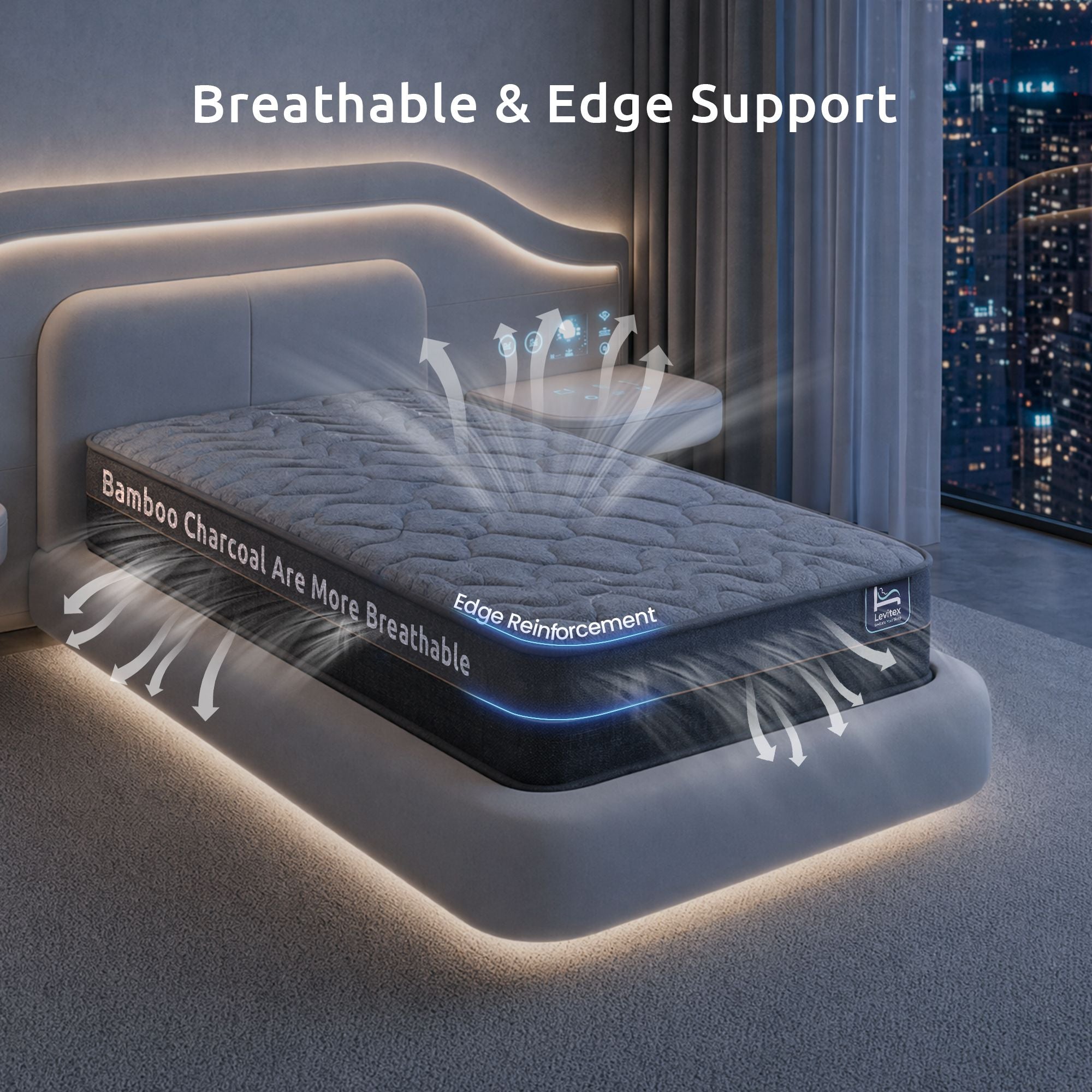 Levitex 25 cm Hybrid Pocket Spring Mattress Firm with 4cm Egg Crate Foam for Deep Sleep Bamboo Charcoal Fabric ‌King Single