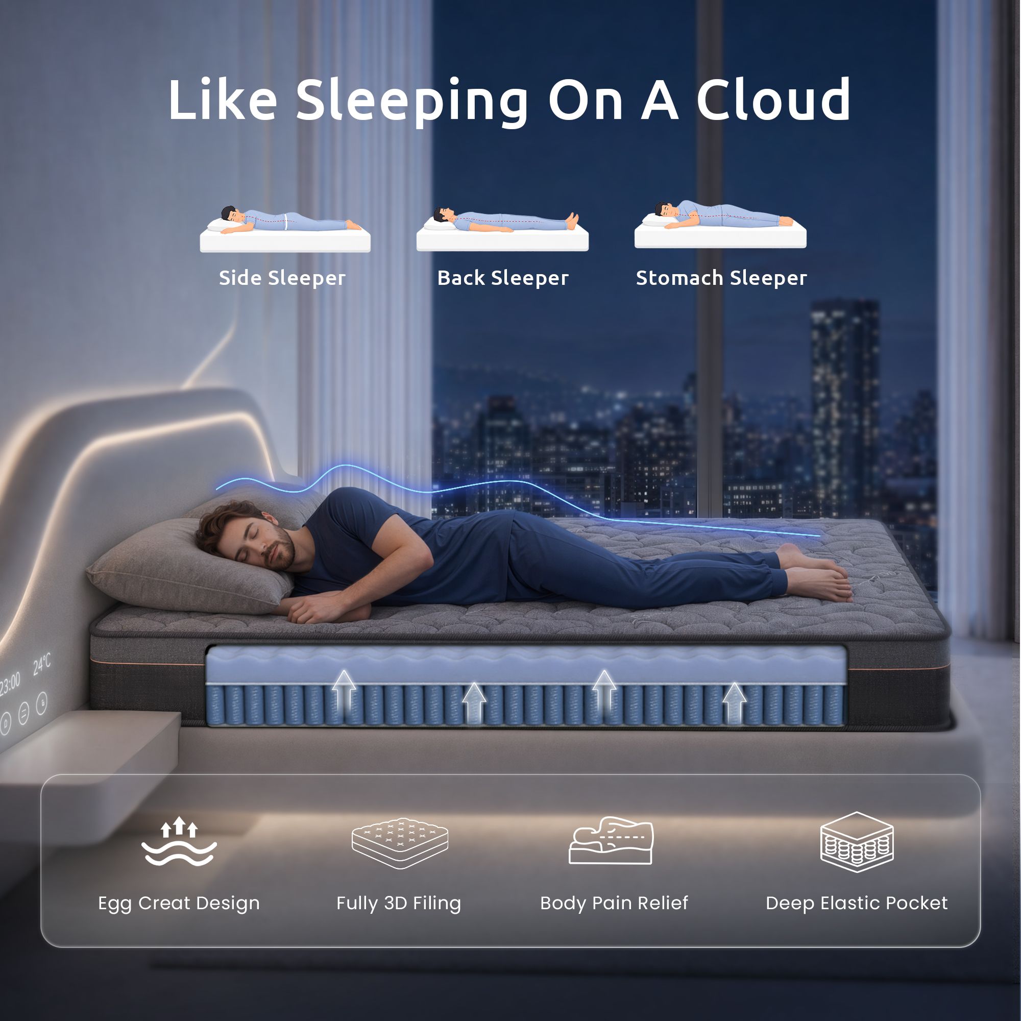 Levitex Queen Mattress 25 cm Hybrid Pocket Spring with 4cm Egg Crate Foam for Deep Sleep Bamboo Charcoal Fabric