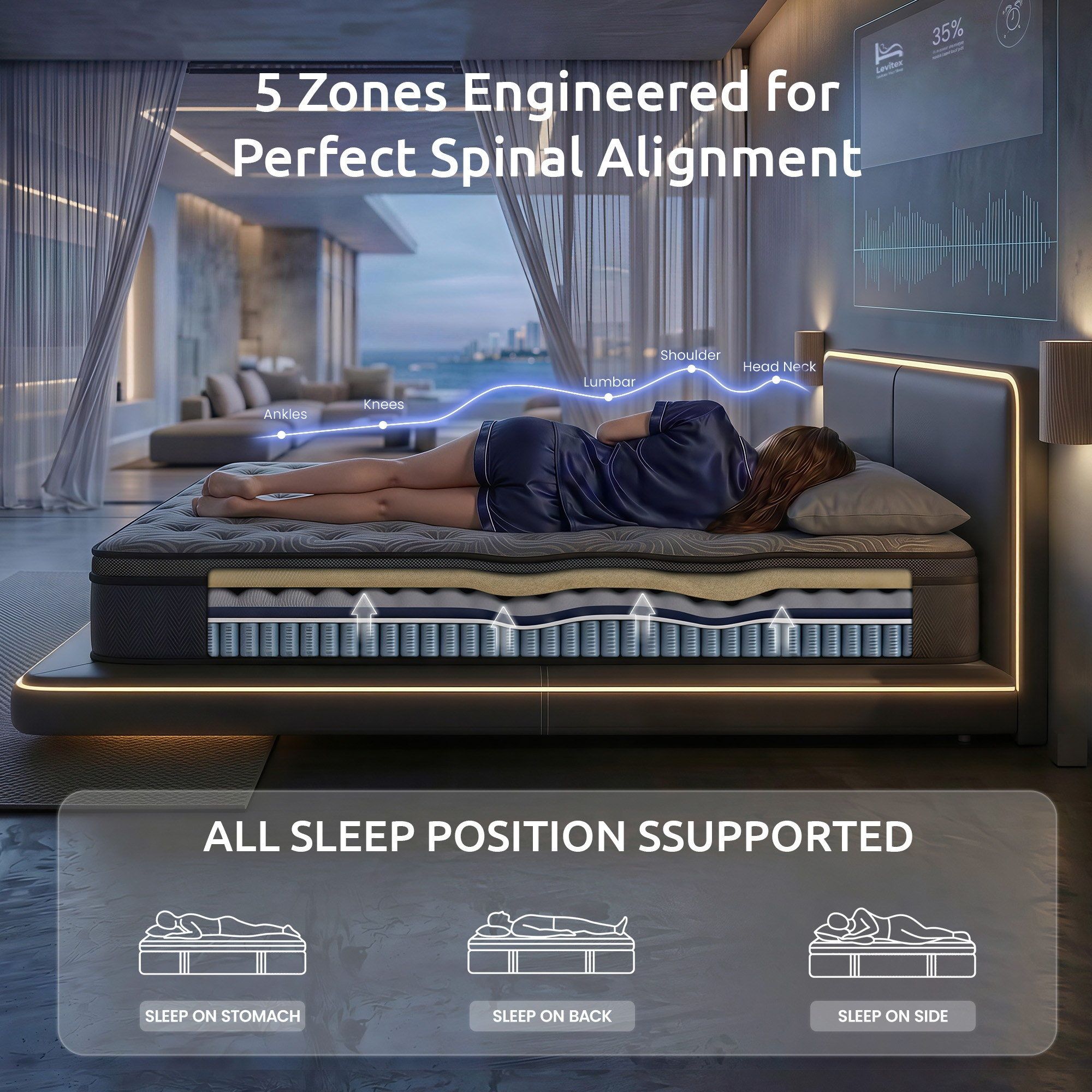 Levitex Double Mattress 34 cm 5-Zone Pressure Relief  Pocket Spring with Reinforced Edge Support & Breathable Gel Memory Foam Hybrid Mattress