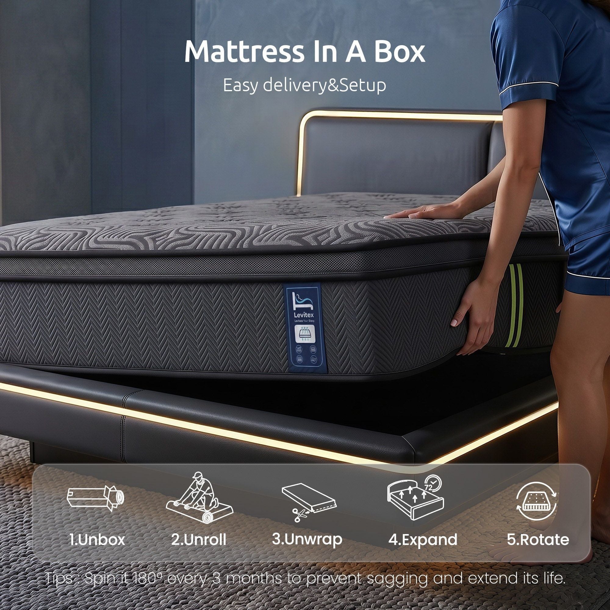 Levitex 34 cm Pocket Spring Mattress with Reinforced Edge Support & 5-Zone Pressure Relief Breathable Gel Memory Foam Hybrid Mattress for Back Pain ‌King Single