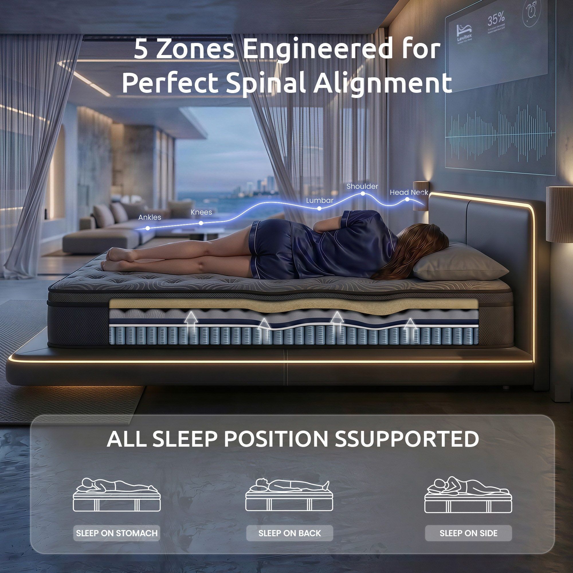 Levitex Single Mattress 34 cm 5-Zone Pressure Relief  Pocket Spring with Reinforced Edge Support & Breathable Gel Memory Foam Hybrid Mattress