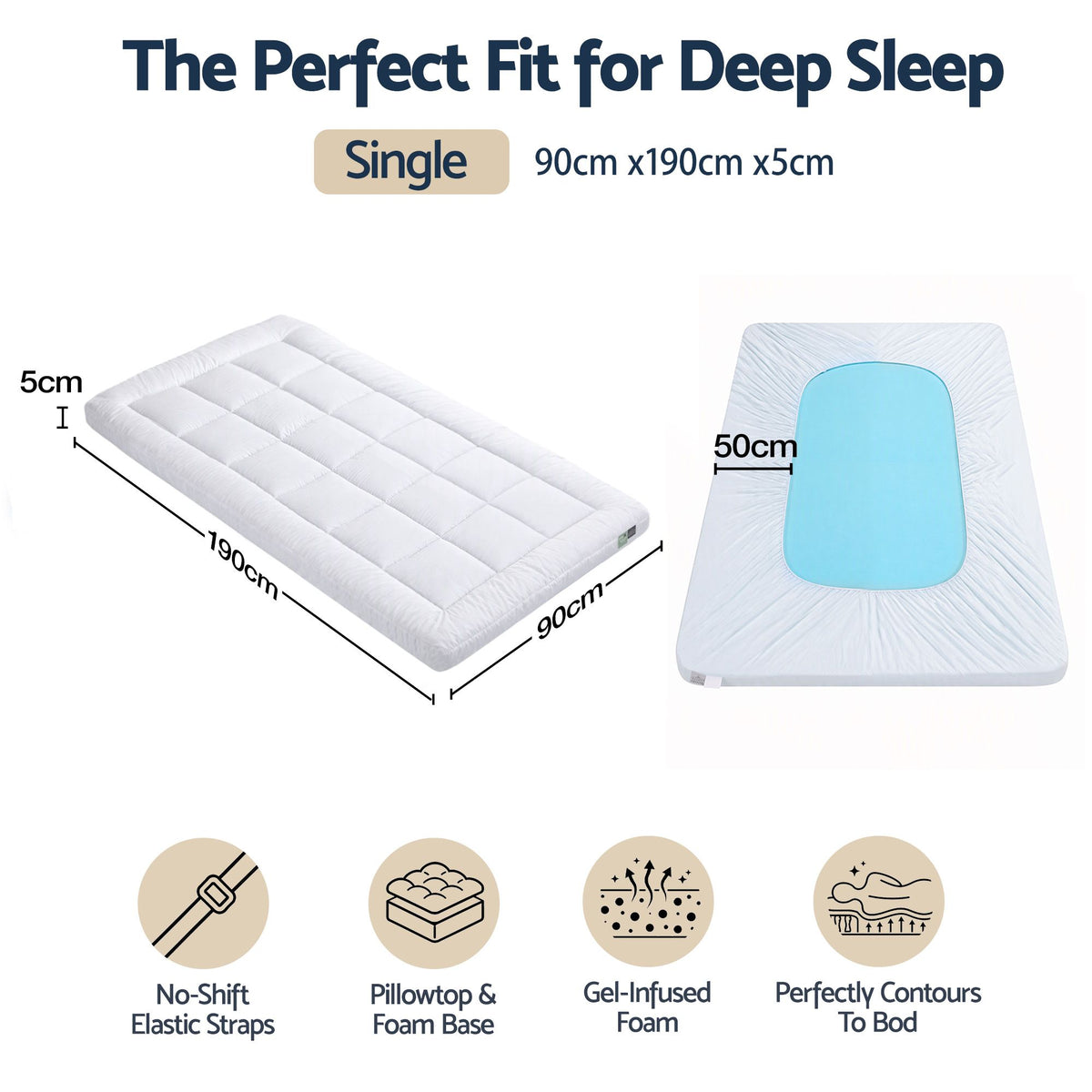 Giselle 5cm Single Memory Foam Mattress Topper Pillow Top with Gel Foam