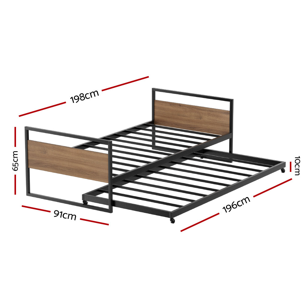 Beds & Bed Frames: Artiss Bed Frame 2x Single Size Metal Trundle Daybed DEAN
