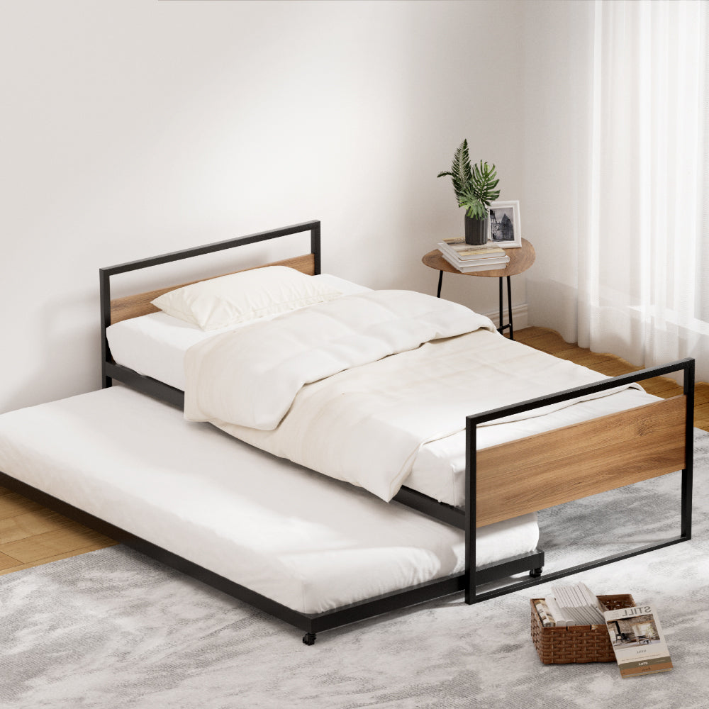 Beds & Bed Frames: Artiss Bed Frame 2x Single Size Metal Trundle Daybed DEAN