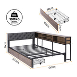 Beds & Bed Frames: Artiss Bed Frame King Single Size with 2 Drawers and Charging Station Metal Corner Bed Base