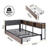 Beds & Bed Frames: Artiss Bed Frame Single Size with 2 Drawers and Charging Station Metal Corner Bed Base