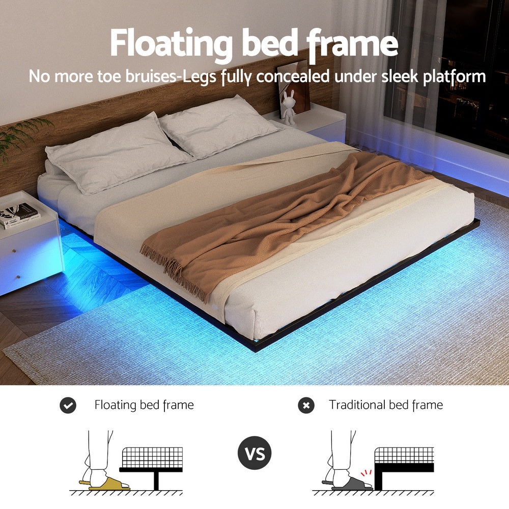 Beds & Bed Frames: Artiss Queen Bed Frame,Floating Metal Bed Frame with Smart LED Lights - Sturdy Metal Platform Bed Base, Silent Design, Tool-Free Assembly, 300KG Capacity for Home/Hotel/Master Bedroom?